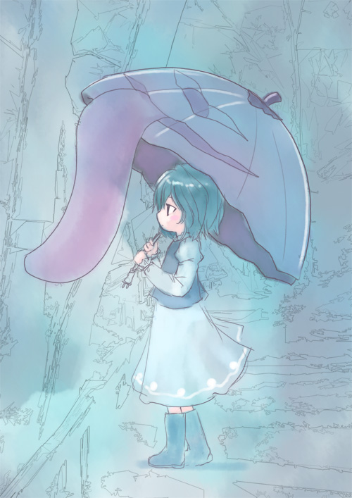kiira, tatara kogasa, touhou, bad id, bad pixiv id, 1girl, aqua hair, female focus, full body, karakasa obake, nature, outdoors, solo, tongue, umbrella