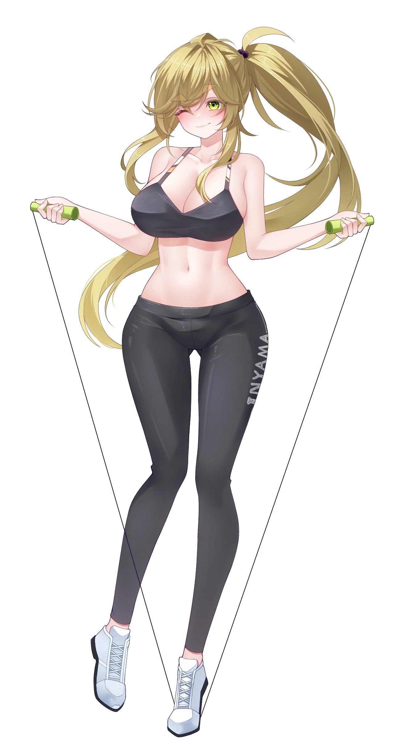 buyange, inuyama aoi, yurucamp, absurdres, commission, highres, 1girl, bare arms, bare shoulders, black pants, black shirt, blonde hair, breasts, cleavage, closed mouth, collarbone, crop top, full body, green eyes, holding, holding jump rope, jump rope, large breasts, long hair, looking at viewer, midriff, navel, one eye closed, pants, ponytail, shirt, shoes, simple background, sleeveless, sleeveless shirt, smile, sneakers, solo, spaghetti strap, stomach, thick eyebrows, track pants, very long hair, white background, white shoes
