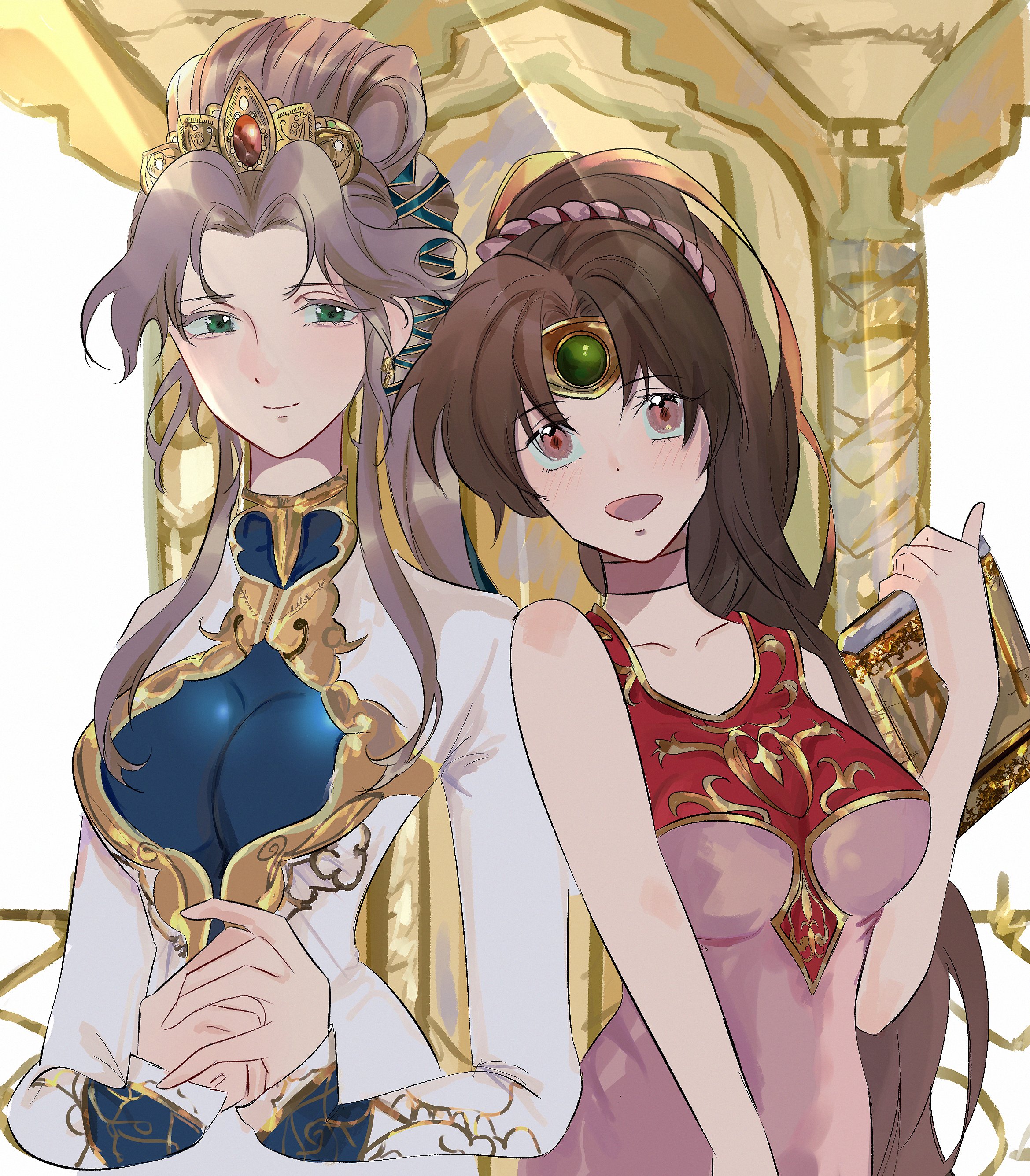 yuruzuko, linde (fire emblem), nyna (fire emblem), fire emblem, fire emblem: mystery of the emblem, fire emblem: shadow dragon and the blade of light, nintendo, absurdres, commission, highres, second-party source, skeb commission, 2girls, bare shoulders, blonde hair, book, breasts, brown eyes, brown hair, choker, circlet, cleavage cutout, clothing cutout, collarbone, dress, forehead jewel, gold diadem, green eyes, holding, holding book, jewelry, large breasts, long hair, medium breasts, multiple girls, own hands together, pink dress, ponytail, shoulder-to-shoulder, sleeveless, white dress