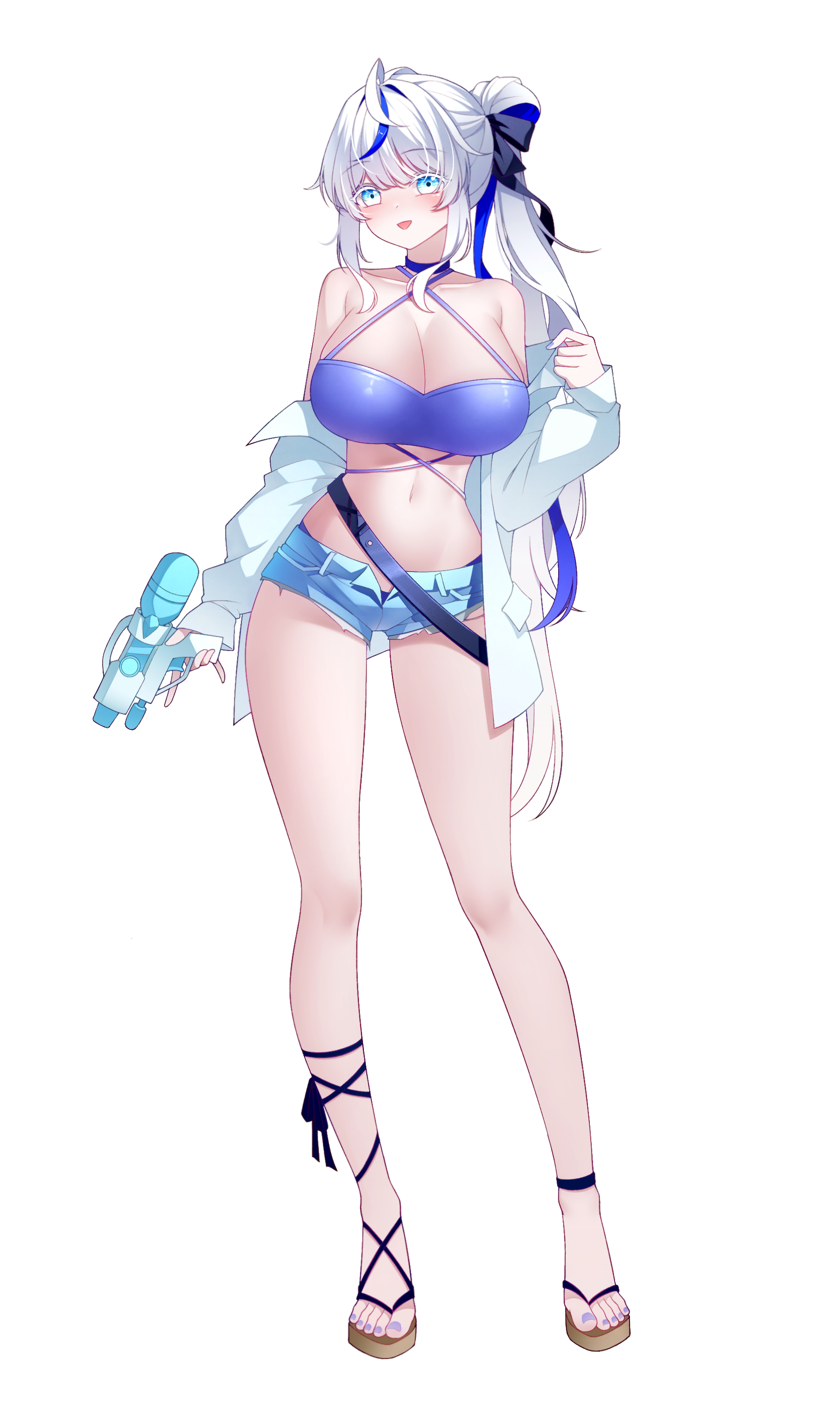 buyange, aokumo rin, stellive, absurdres, highres, 1girl, ahoge, bare shoulders, belt, bikini, blue bikini, blue choker, blue eyes, blue shorts, bow, breasts, choker, cleavage, colored eyelashes, criss-cross halter, cutoffs, denim, denim shorts, full body, hair bow, halterneck, holding, holding water gun, huge breasts, jacket, long hair, long sleeves, looking at viewer, loose belt, micro shorts, multicolored hair, navel, off shoulder, open clothes, open fly, open jacket, open mouth, ponytail, sandals, shorts, simple background, smile, solo, spaghetti strap, stomach, streaked hair, string bikini, swimsuit, thighs, two-tone hair, very long hair, virtual youtuber, water gun, white background, white eyelashes, white hair, white jacket