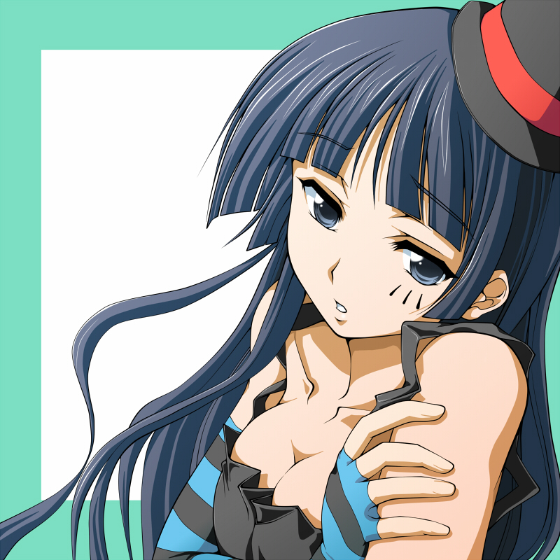 ranshin, akiyama mio, don't say "lazy", k-on!, striped, 00s, 1girl, breasts, cleavage, elbow gloves, facepaint, female focus, fingerless gloves, gloves, hat, long hair, mini hat, mini top hat, solo, top hat