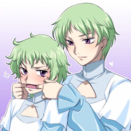 kakara, hilling care, ribbons almark, gundam, gundam 00, lowres, 00s, 1boy, 1girl, anger vein, blush, finger in another's mouth, green hair, innovators (gundam 00), purple eyes, short hair, siblings
