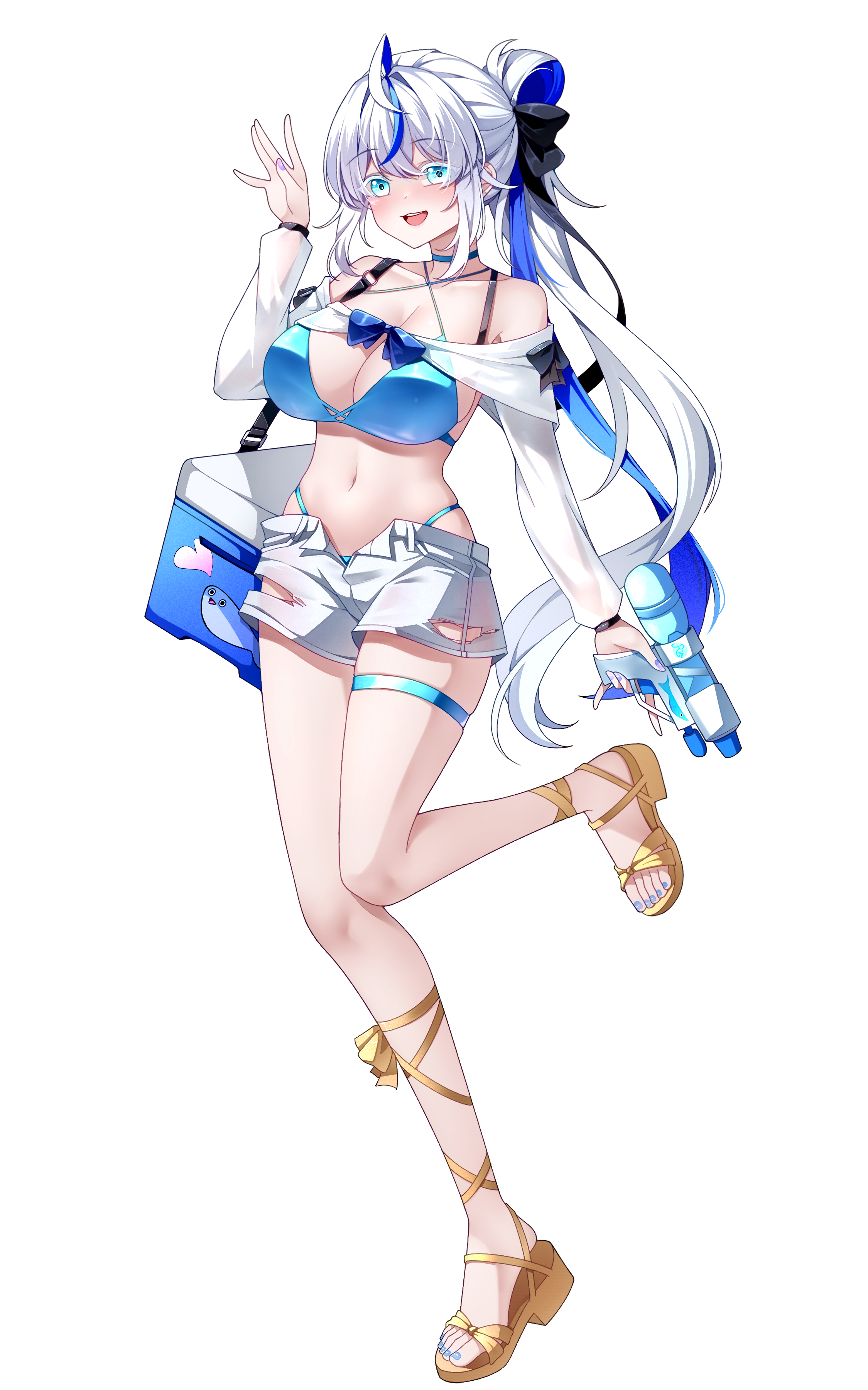 buyange, aokumo rin, stellive, absurdres, highres, 1girl, ahoge, bare shoulders, bikini, blue bikini, blue choker, blue eyes, bow, breasts, choker, cleavage, colored eyelashes, cooler, criss-cross halter, full body, gold sandals, hair bow, halterneck, hand up, holding, holding water gun, large breasts, leg up, long hair, long sleeves, looking at viewer, multicolored hair, nail polish, navel, open fly, open mouth, ponytail, sandals, see-through clothes, see-through sleeves, short shorts, shorts, simple background, smile, solo, stomach, streaked hair, string bikini, swimsuit, thigh strap, thighs, toenail polish, toenails, torn clothes, torn shorts, two-tone hair, very long hair, virtual youtuber, water gun, white background, white eyelashes, white hair, white shorts
