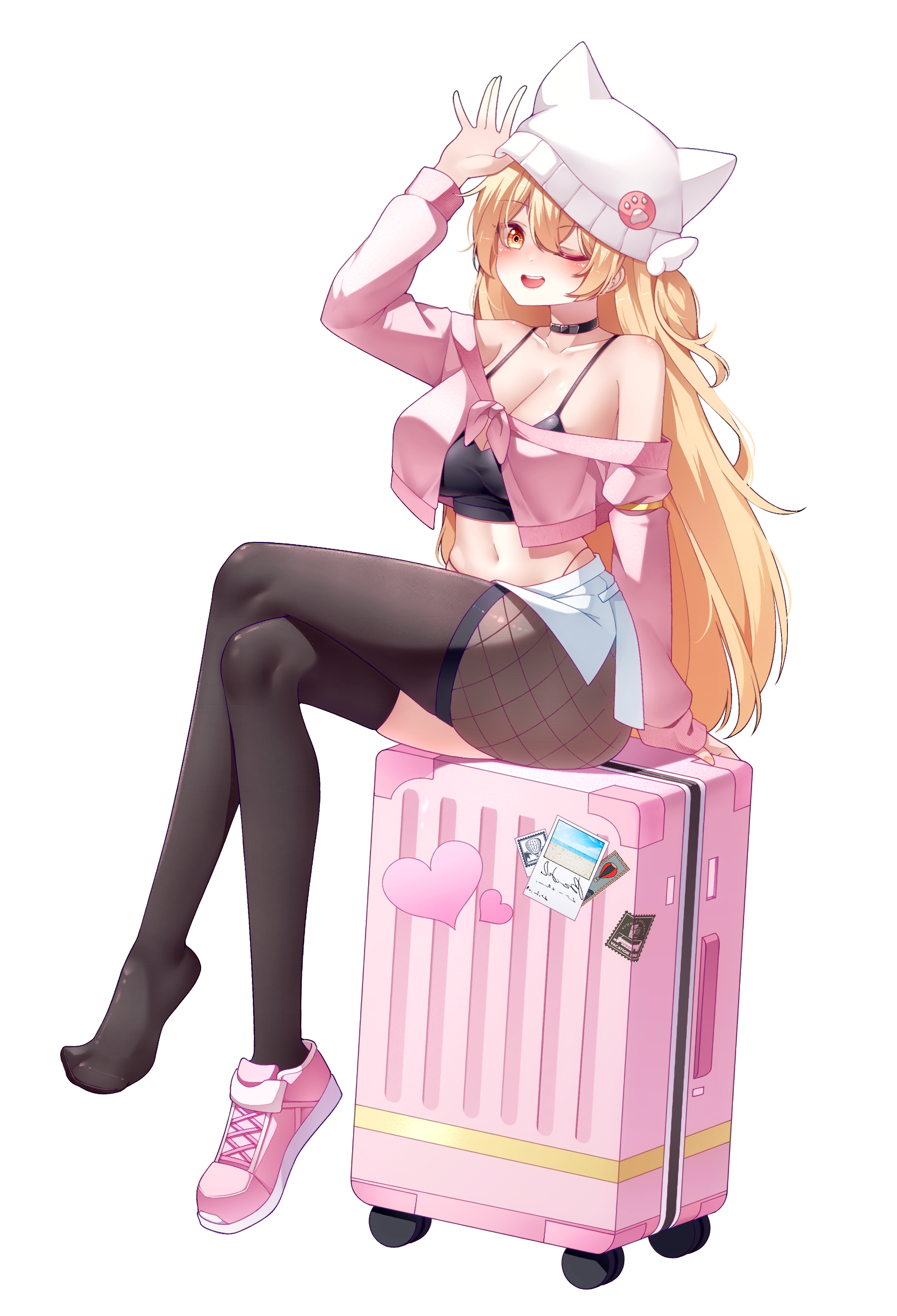 buyange, original, absurdres, highres, 1girl, animal ears, arm up, bare shoulders, beanie, black choker, black shirt, blonde hair, breasts, brown thighhighs, choker, cleavage, collarbone, crop top, crossed legs, fake animal ears, fishnet pantyhose, fishnets, full body, hat, highleg, jacket, large breasts, long hair, looking at viewer, midriff, miniskirt, navel, off shoulder, one eye closed, open mouth, panty straps, pantyhose, pink jacket, pink shoes, red eyes, rolling suitcase, shirt, shoes, simple background, sitting, skirt, sleeveless, sleeveless shirt, smile, solo, spaghetti strap, stomach, suitcase, thighhighs, very long hair, white background, white hat, white skirt