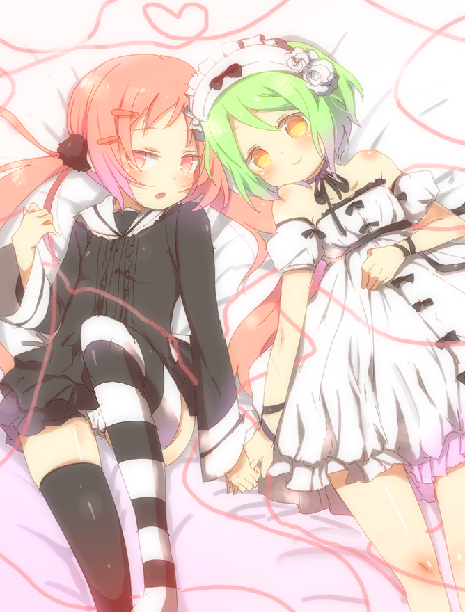 kl (dgzonbi), kl-chan, mono (character), original, striped legwear, 2girls, asymmetrical legwear, bare shoulders, child, different socks, dress, green hair, headdress, holding hands, long hair, lying, mismatched legwear, multiple girls, pink hair, short hair, striped clothes, striped thighhighs, thighhighs, twintails, valentine