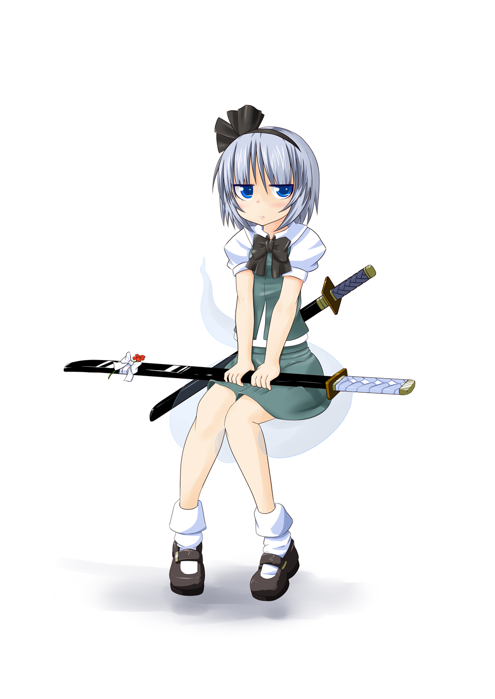 kosmosshuffle, konpaku youmu, konpaku youmu (ghost), touhou, silver hair, bad id, bad pixiv id, highres, 1girl, blue eyes, female focus, flower, hitodama, katana, mary janes, ribbon, sheath, sheathed, shoes, sitting, solo, sword, weapon
