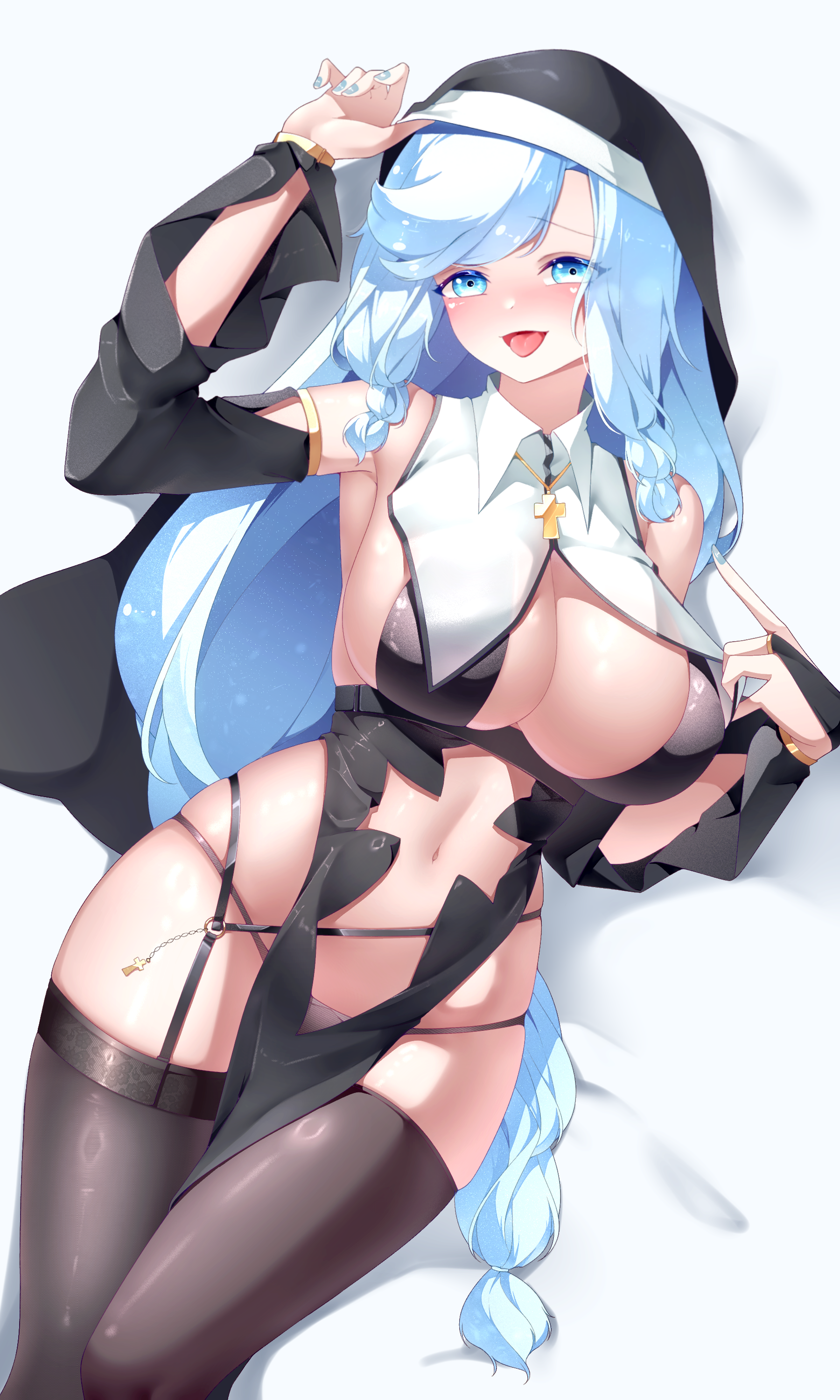 buyange, original, absurdres, highres, 1girl, arm up, armpits, bare shoulders, black dress, black veil, blue eyes, braid, breasts, bridal gauntlets, brown thighhighs, center opening, cleavage, detached sleeves, dress, garter straps, large breasts, long hair, long sleeves, looking at viewer, nail polish, navel, open mouth, panties, parted bangs, pelvic curtain, revealing clothes, sideboob, single garter strap, skindentation, sleeveless, sleeveless dress, smile, solo, stomach, string panties, thighhighs, tongue, tongue out, underwear, veil, very long hair, white hair, white panties, wing collar