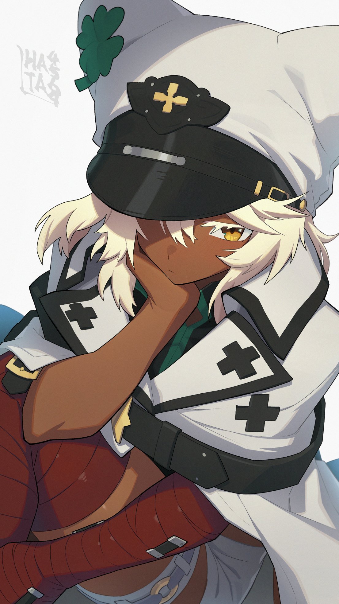 hata4564, ramlethal valentine, guilty gear, guilty gear strive, highres, 1girl, animal hat, bandaged arm, bandaged leg, bandages, belt, black belt, blonde hair, cape, cat hat, collared cape, dark-skinned female, dark skin, hand on own chin, hat, head rest, long hair, military hat, red bandage, simple background, sitting, solo, thigh strap, white background, white cape, white hat, yellow eyes