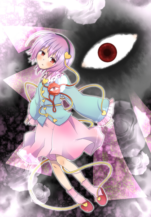 kabushiki souko, souko, komeiji satori, touhou, bad id, bad pixiv id, 1girl, eye focus, female focus, full body, hairband, heart, purple hair, red eyes, short hair, solo