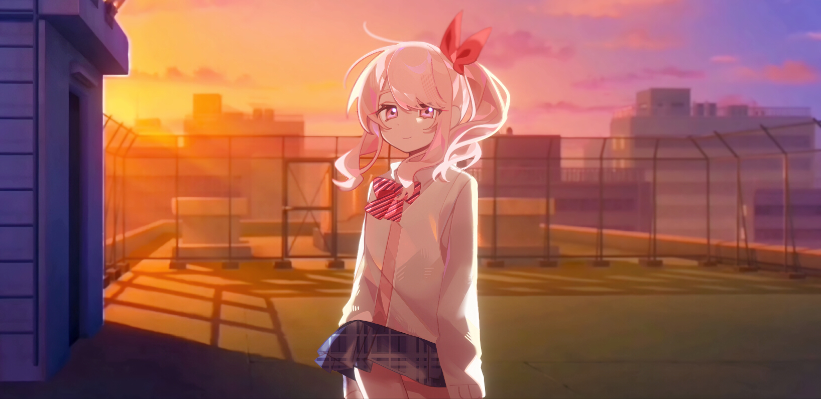 laylayhappy, akiyama mizuki, project sekai, chinese commentary, commentary request, highres, 1other, arms at sides, backlighting, blue skirt, bow, bowtie, building, cardigan, chain-link fence, closed mouth, collared shirt, cowboy shot, cowlick, diagonal-striped bow, diagonal-striped bowtie, diagonal-striped clothes, fence, flat chest, hair between eyes, hair bow, high side ponytail, in-universe location, kamiyama high school uniform (project sekai), long hair, long sleeves, looking at viewer, miniskirt, on rooftop, other focus, outdoors, pink eyes, pink hair, plaid clothes, plaid skirt, pleated skirt, red bow, red bowtie, rooftop, school uniform, shirt, side ponytail, sidelocks, skirt, smile, solo, standing, striped bow, striped bowtie, striped clothes, sunlight, sunset, swept bangs, white cardigan, wind