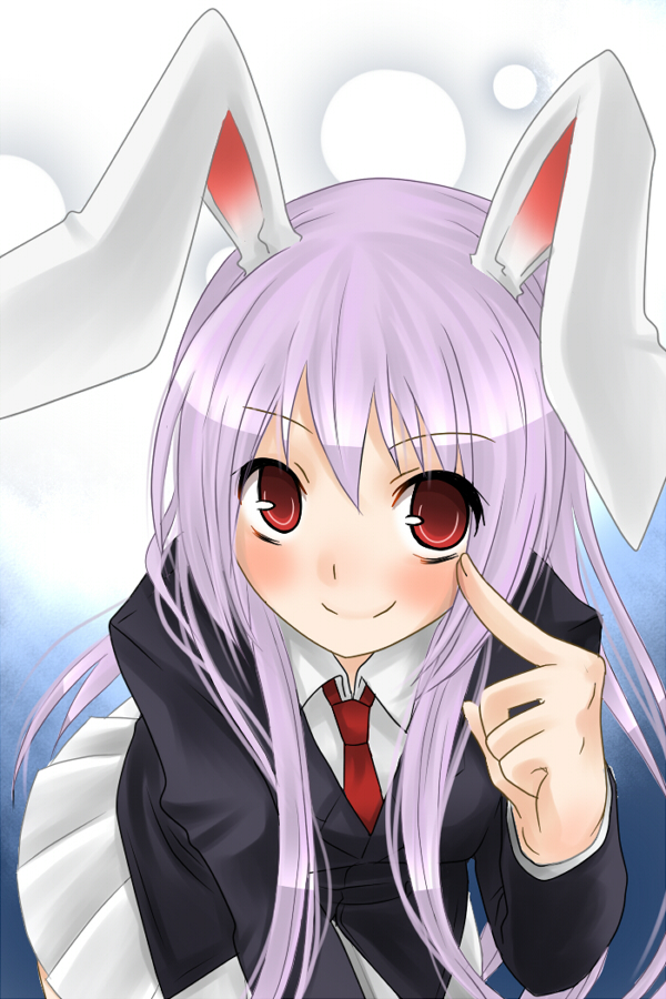 kabushiki souko, souko, reisen udongein inaba, touhou, 1girl, animal ears, blazer, blush, female focus, jacket, long hair, necktie, pointing, purple hair, rabbit ears, red eyes, red necktie, smile, solo