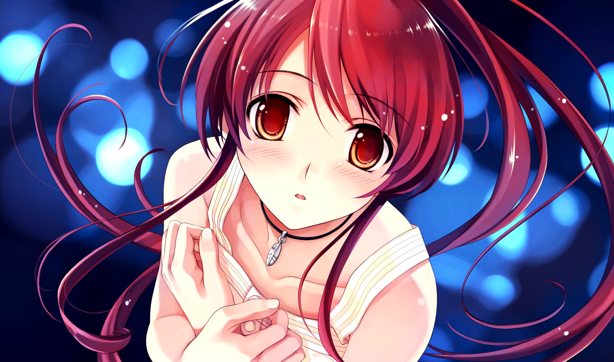 misaki kurehito, miyamae tomoka, abhar, suiheisen made nan mile?, game cg, highres, 1girl, aqua eyes, bare shoulders, blush, close-up, collarbone, crossed arms, dress, female focus, jewelry, long hair, looking up, necklace, orange eyes, red eyes, red hair, solo