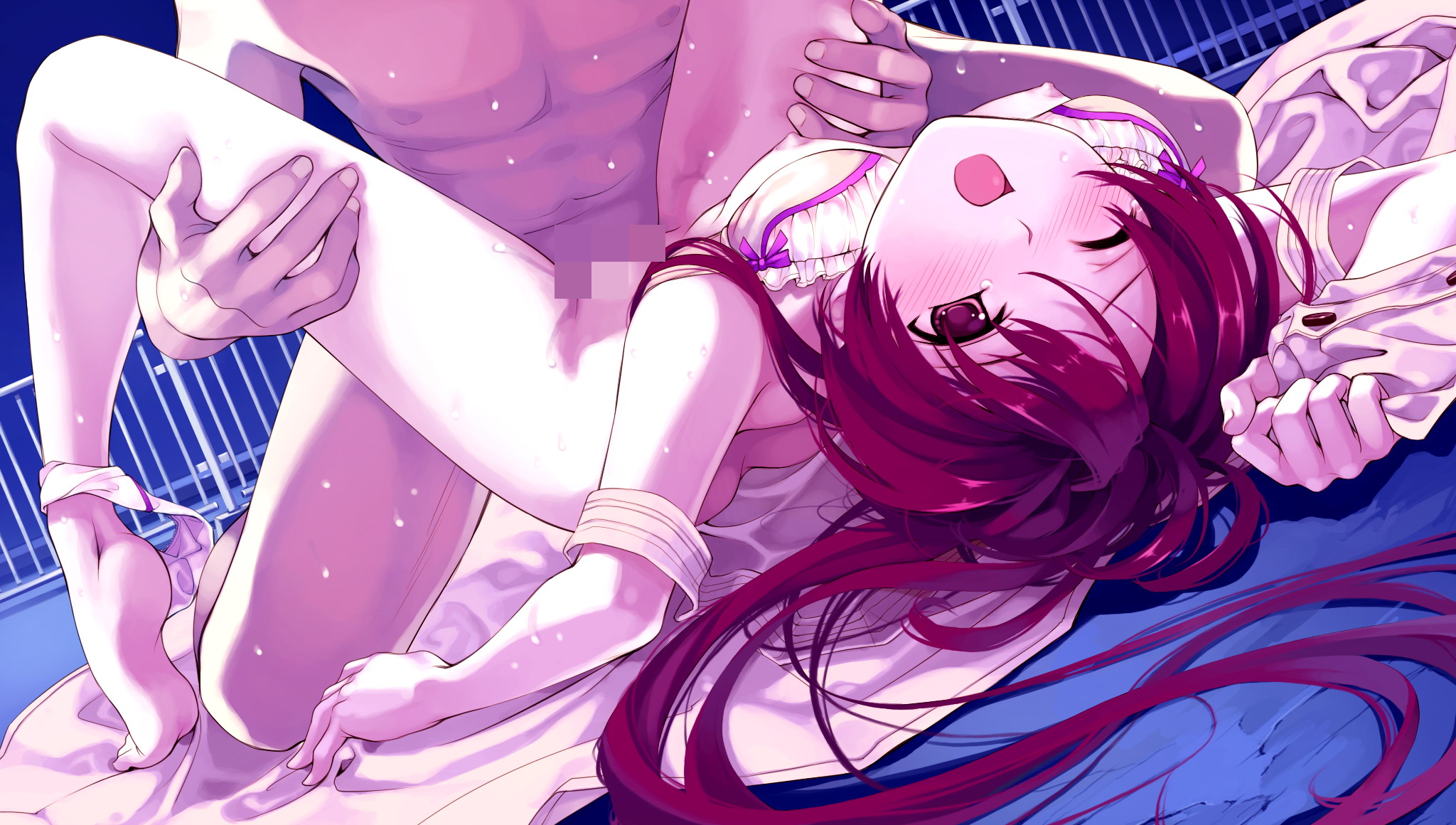 misaki kurehito, miyamae tomoka, protagonist (suiheisen made nan mile?), abhar, suiheisen made nan mile?, game cg, highres, 1girl, bra, bra lift, censored, clothes lift, dutch angle, flat chest, leg hold, lingerie, long hair, lying, missionary, mosaic censoring, night, nipples, on back, one eye closed, open mouth, panties, panties around leg, red hair, sex, solo focus, spread legs, sweat, underwear, upside-down, wince, wink