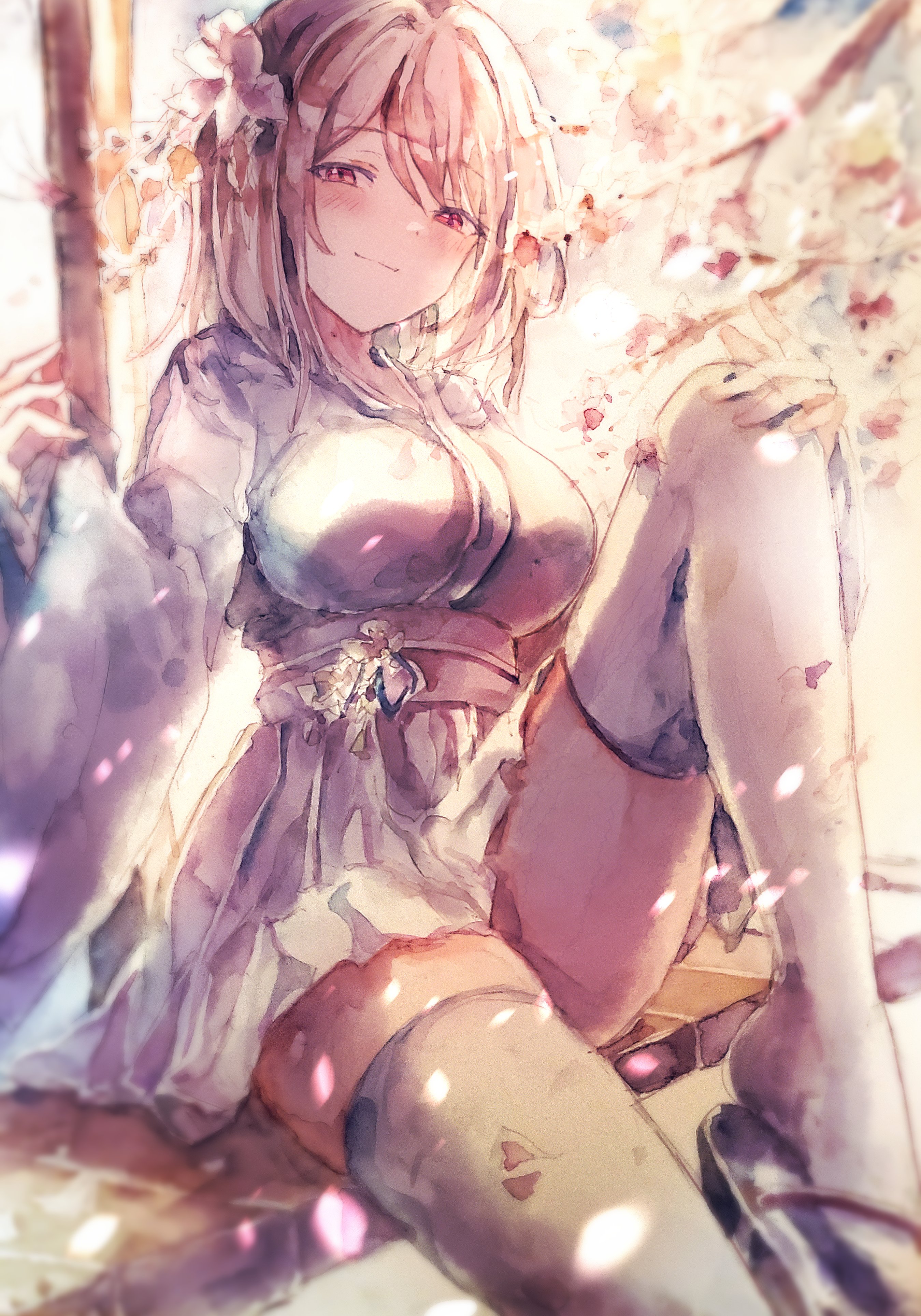 kamu kotan, original, absurdres, commentary request, highres, traditional media, 1girl, blush, breasts, closed mouth, flower, hair flower, hair ornament, high-waist skirt, japanese clothes, kimono, long sleeves, looking at viewer, medium hair, pleated skirt, red eyes, sandals, sitting, skirt, smile, solo, thighhighs, white kimono, white thighhighs, wide sleeves
