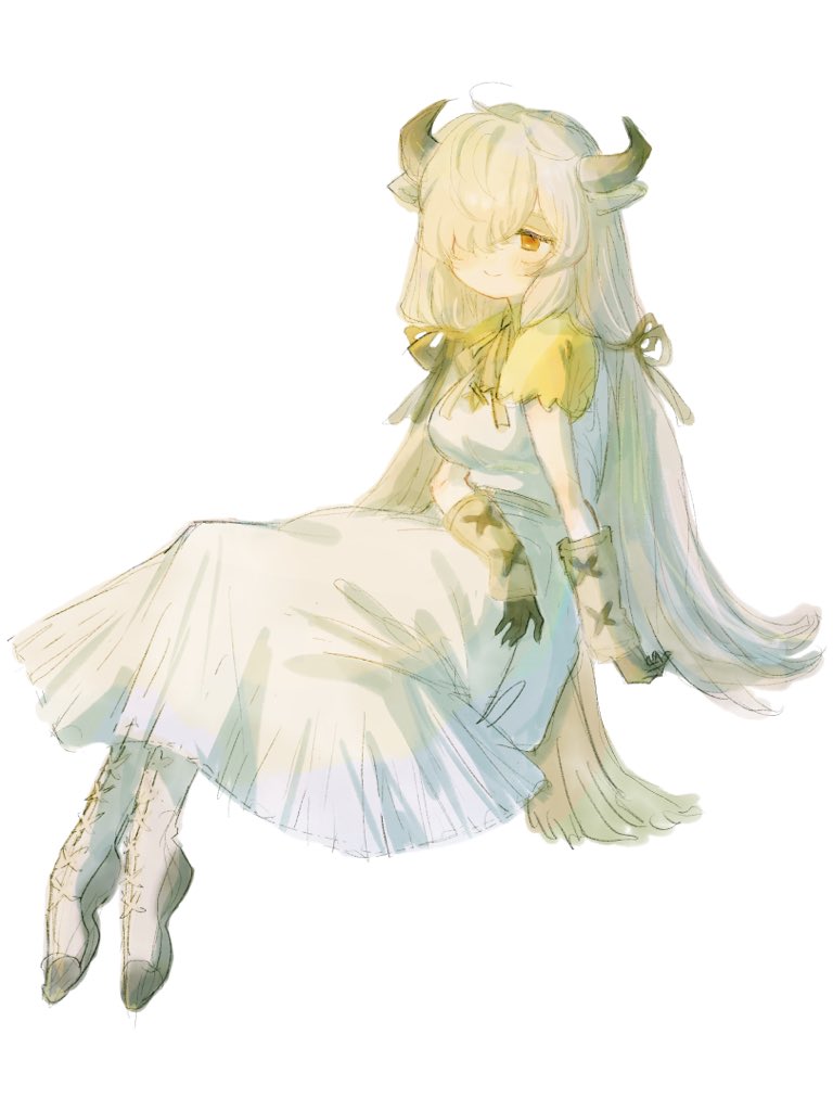 seki mhsk, yak (kemono friends), kemono friends, 1girl, animal ears, blush, boots, brown gloves, cow ears, cow girl, cow horns, dress, frilled sleeves, frills, fringe trim, full body, gloves, hair over one eye, horns, long dress, long hair, orange eyes, shirt, short sleeves, sidelocks, smile, solo, t-shirt, twintails, white boots, white dress, white gloves, white hair, yellow shirt