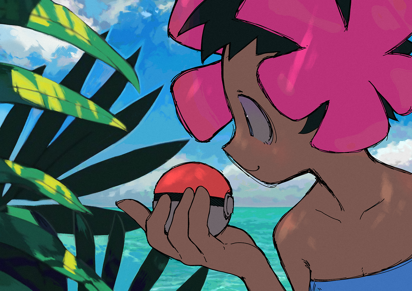 pyoko (sandwicha), phoebe (pokemon), nintendo, pokemon, commentary, 1girl, dark-skinned female, dark skin, flower, hair flower, hair ornament, holding, holding poke ball, ocean, pink flower, poke ball, short hair, solo