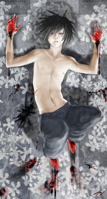 beyond birthday, death note, 00s, black hair, blood, denim, ink, jeans, pants, topless male