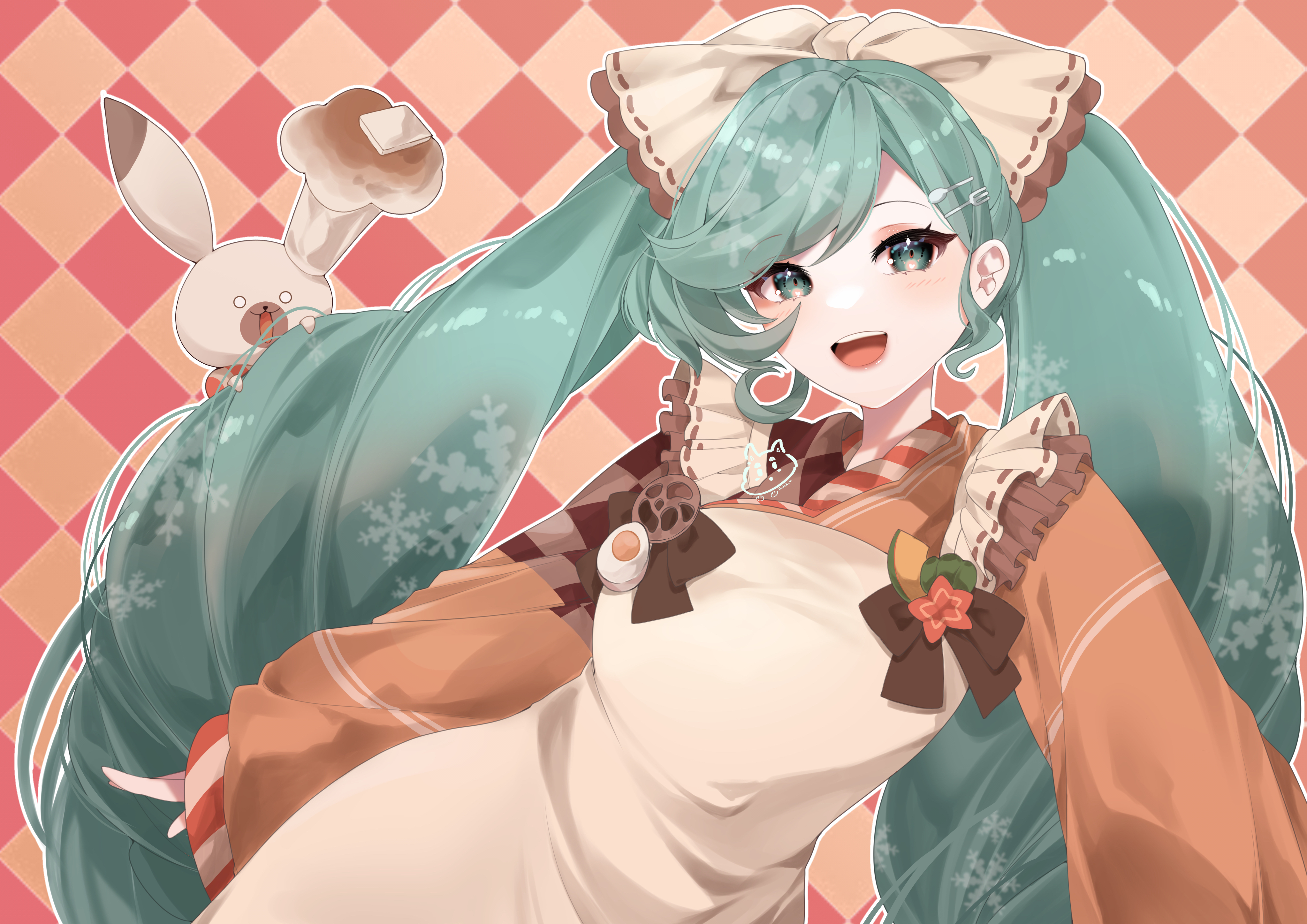 sutchcliff, hatsune miku, rabbit yukine, yuki miku, yuki miku (2024), vocaloid, absurdres, commentary, highres, 1girl, 1other, apron, bow, checkered background, chef hat, chinese spoon, fork hair ornament, green eyes, green hair, hair bow, hair ornament, hat, japanese clothes, kimono, light blush, long hair, long sleeves, looking at viewer, official alternate costume, official alternate hairstyle, open mouth, orange kimono, rabbit, sleeves past wrists, smile, snowflake print, twintails, upper body, very long hair, white apron, white bow, wide sleeves