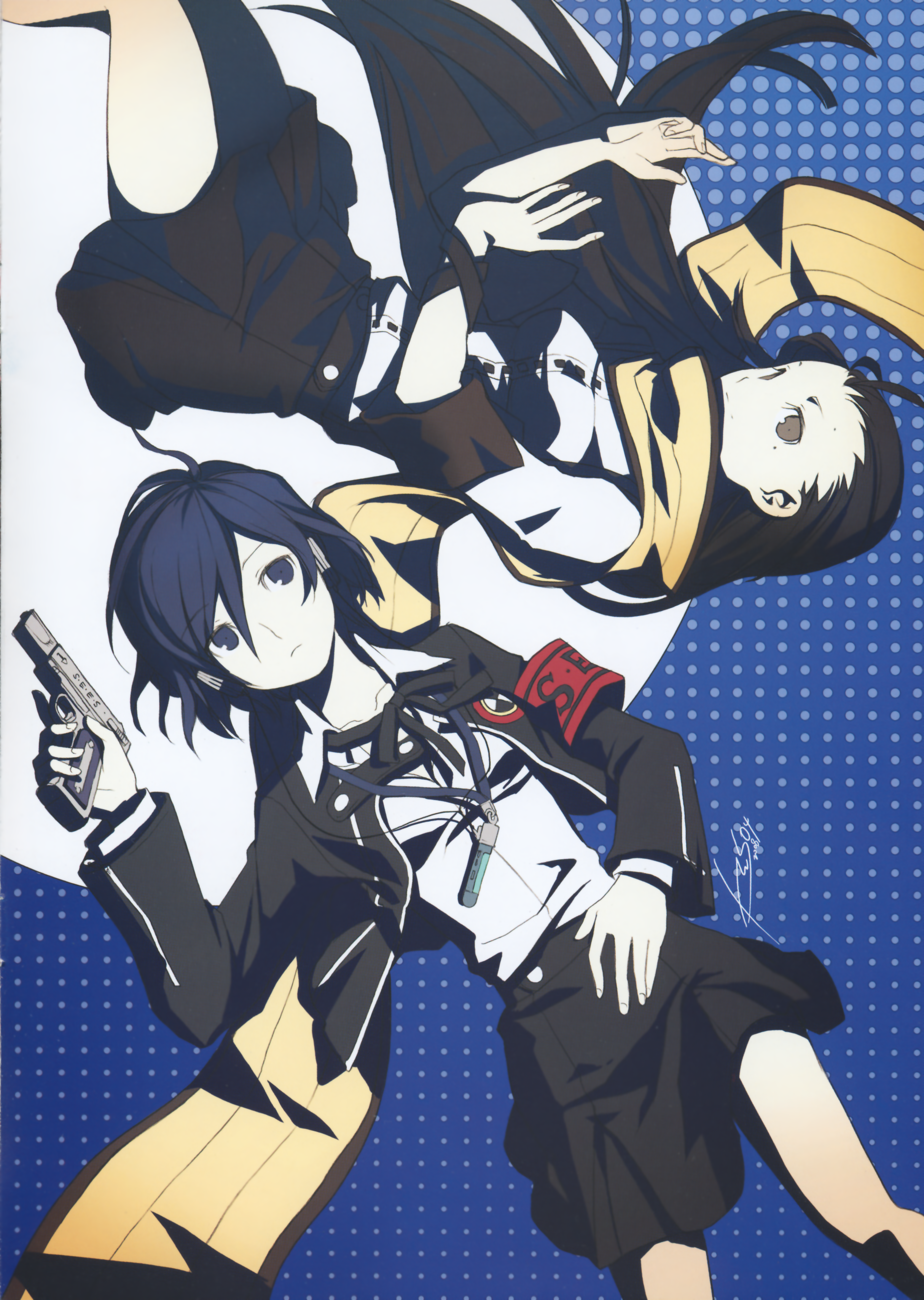 h2so4, tearfish, mochizuki ryouji, yuuki makoto (persona 3), atlus, persona, persona 3, absurdres, highres, huge filesize, scan, 2girls, evoker, genderswap, genderswap (mtf), gun, multiple girls, school uniform, weapon
