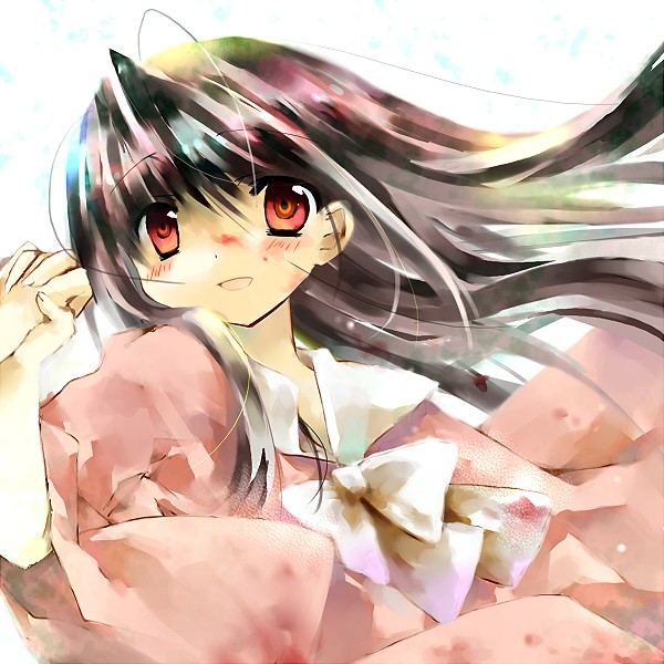 jin rikuri, houraisan kaguya, touhou, 1girl, black hair, female focus, holding hands, japanese clothes, long hair, open mouth, red eyes, smile, solo, solo focus
