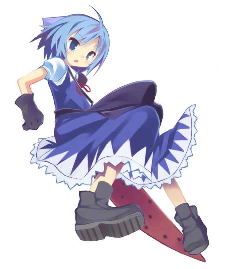 amaa (chou dennou jidai), cirno, advent cirno, touhou, 1girl, blue eyes, blue hair, boots, bow, dress, female focus, gloves, hair bow, matching hair/eyes, short hair, solo, sword, weapon, wings