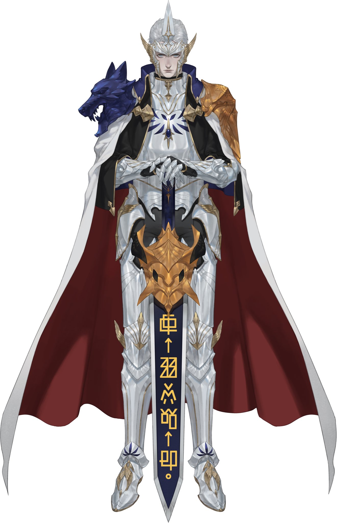 omegamon, digimon, highres, 1boy, armor, blue eyes, cape, cuirass, digimoji, eve7d6, full armor, gauntlets, gloves, greaves, holding, holding sword, holding weapon, horns, humanization, knight, looking at viewer, male focus, pauldrons, plate armor, red cape, short hair, shoulder armor, simple background, solo, spikes, sword, weapon, white cape, white hair