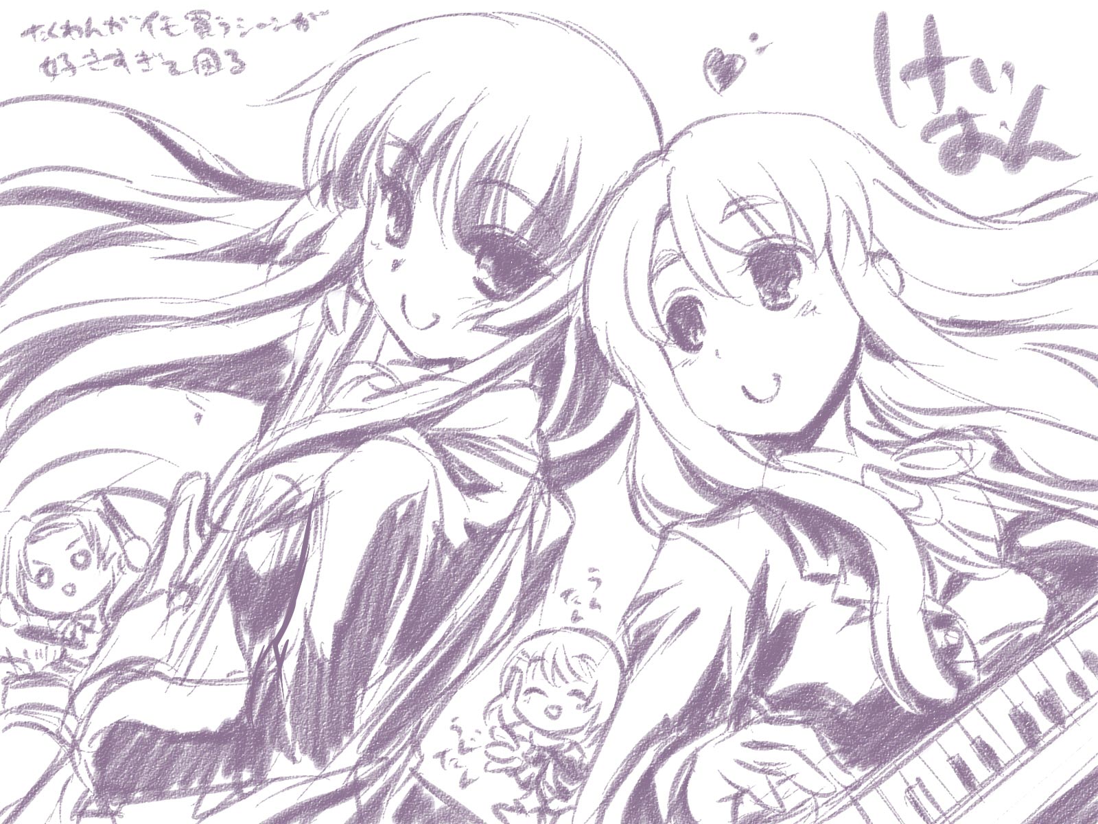 fujieda miyabi, akiyama mio, hirasawa yui, kotobuki tsumugi, tainaka ritsu, k-on!, highres, traditional media, 00s, 4girls, ho-kago tea time, monochrome, multiple girls, purple theme, school uniform