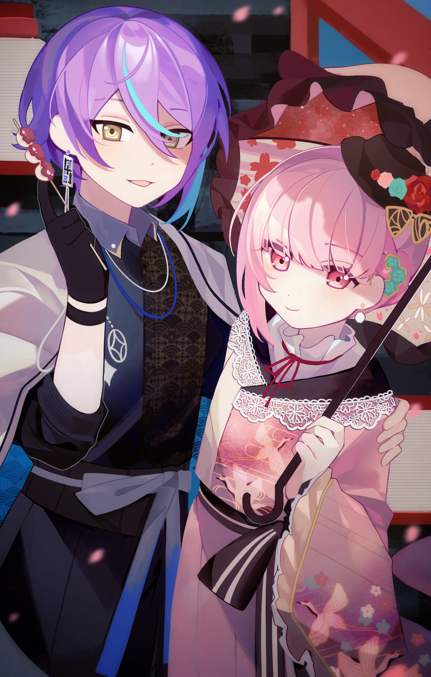 laylayhappy, akiyama mizuki, kamishiro rui, project sekai, commentary, highres, symbol-only commentary, 1boy, 1other, :d, asymmetrical hair, asymmetrical sidelocks, black background, black gloves, black hat, black kimono, blue hair, blurry, blurry background, bow, brown umbrella, closed mouth, double-parted bangs, earrings, eyes visible through hair, falling petals, flower, food, frilled sleeves, frilled umbrella, frills, from above, gloves, hair between eyes, hand on another's shoulder, hand up, hat, hat flower, hat tip, holding, holding food, holding umbrella, japanese clothes, jewelry, kawaranu atatakasa no tonari de (project sekai), kimono, lace, lace-trimmed kimono, lace trim, long sleeves, looking at viewer, multicolored hair, neck ribbon, necklace, official alternate costume, official alternate hair length, official alternate hairstyle, open mouth, petals, pink eyes, pink hair, pink kimono, pink petals, pom pom (clothes), pom pom earrings, purple hair, red flower, red ribbon, red rose, ribbon, rose, shirt, short hair, sidelocks, simple background, single sidelock, smile, streaked hair, two-tone hair, umbrella, upper body, white bow, white shirt, wide sleeves, yellow eyes