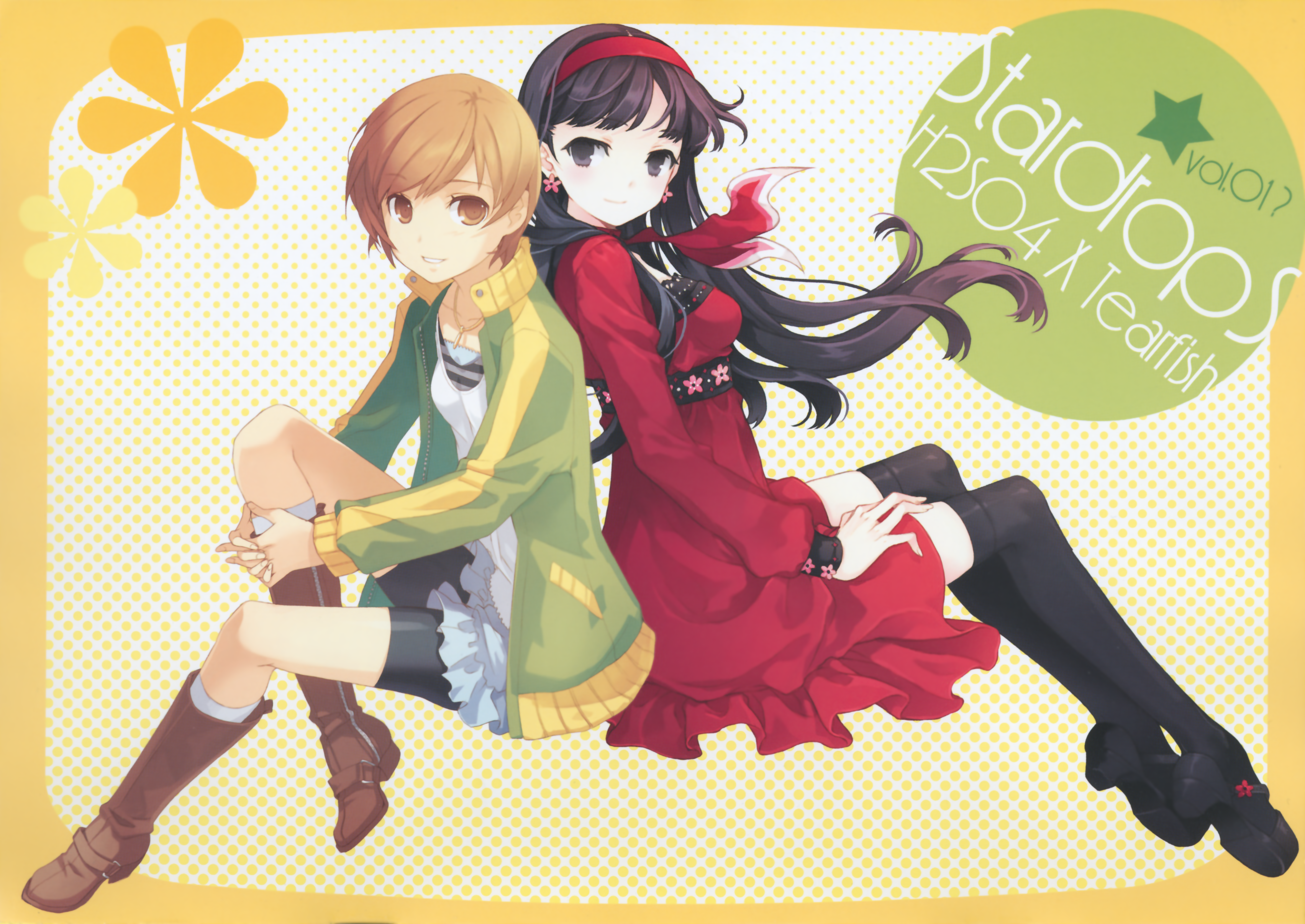 h2so4, tearfish, amagi yukiko, satonaka chie, atlus, persona, persona 4, white legwear, absurdres, highres, huge filesize, bike shorts, black socks, blouse, full body, interlocked fingers, invisible chair, jewelry, kneehighs, miniskirt, necklace, outside border, own hands together, shirt, short hair, sitting, skirt, socks, striped clothes, striped shirt, swept bangs, thighhighs, tomboy, white shirt