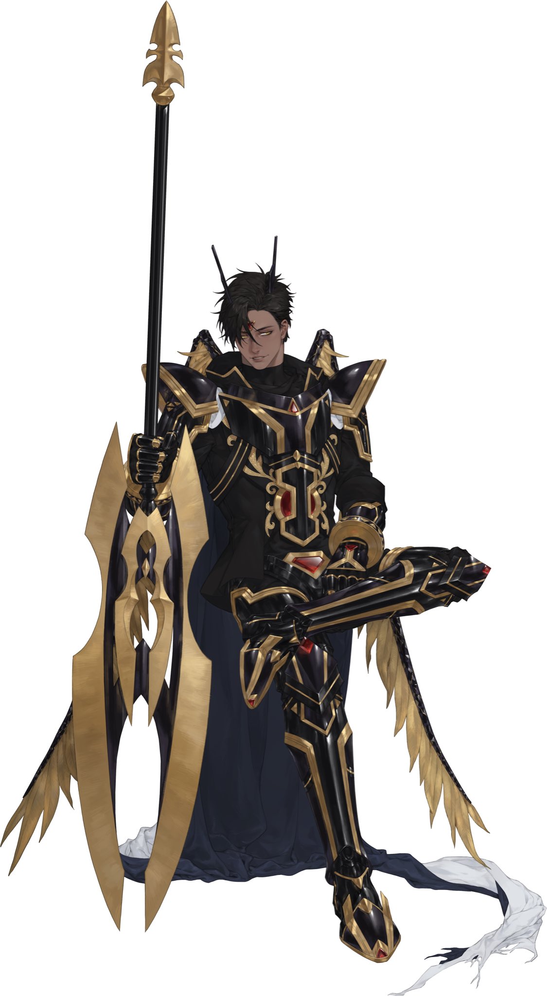 alphamon, digimon, highres, 1boy, armor, breastplate, cape, cuirass, dark-skinned male, dark skin, eve7d6, full armor, gauntlets, gloves, greaves, holding, holding weapon, humanization, knight, looking at viewer, pauldrons, plate armor, short hair, shoulder armor, simple background, weapon