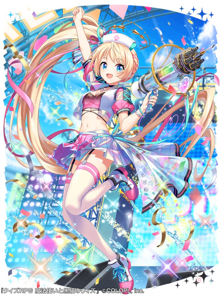 pe.chi, mahou tsukai to kuroneko no wiz, commentary request, official art, 1girl, :d, absurdly long hair, arm up, blonde hair, blue eyes, blue sky, braid, breasts, cleavage, clenched hand, cloud, company name, concert, copyright name, day, full body, gatlin g u, hand up, hat, holding toy gun, idol, idol clothes, leg up, long hair, looking at viewer, midriff, multicolored hair, multicolored shoes, nurse cap, one side up, open mouth, outdoors, pink hair, pink shoes, pink skirt, pleated skirt, puffy short sleeves, puffy sleeves, shoes, short sleeves, skirt, sky, smile, solo, stage, standing, standing on one leg, thighhighs, two-tone hair, two-tone shoes, very long hair, white shoes, white thighhighs, wrap skirt