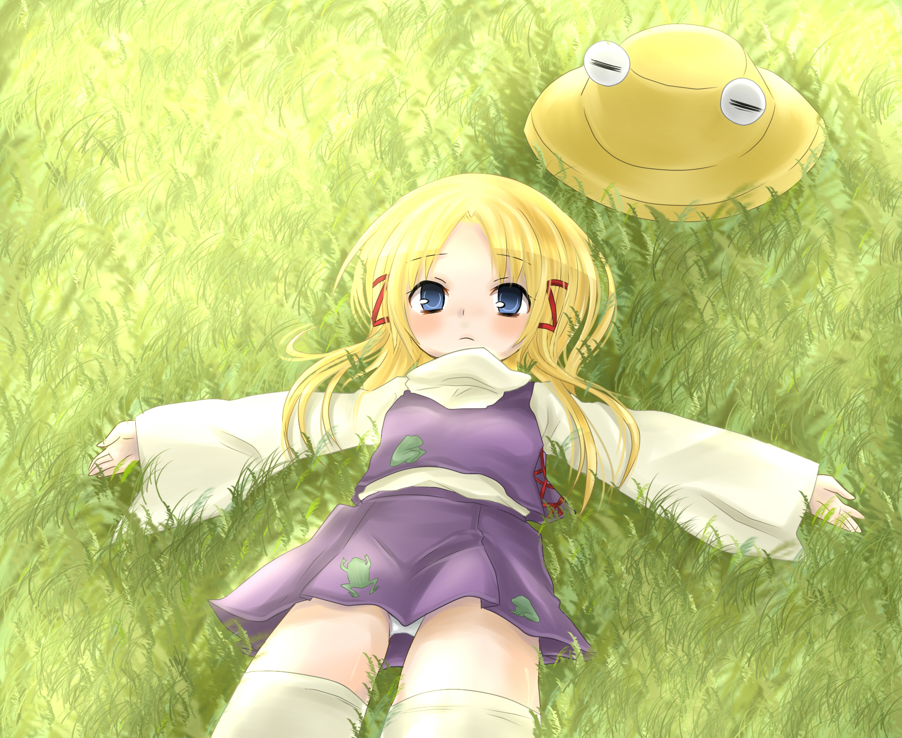kabushiki souko, souko, moriya suwako, touhou, bad id, bad pixiv id, highres, 1girl, blonde hair, blue eyes, female focus, grass, hat, lying, on back, outdoors, panties, plant, short hair, solo, thighhighs, underwear
