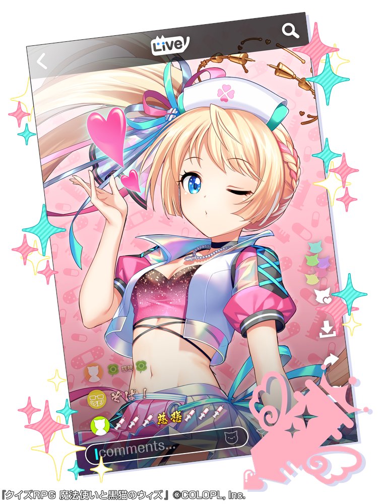 pe.chi, mahou tsukai to kuroneko no wiz, commentary request, official art, blonde hair, blowing kiss, blue eyes, braid, breasts, cleavage, company name, copyright name, gatlin g u, hand up, hat, heart, looking at viewer, midriff, multicolored hair, nurse cap, one eye closed, one side up, pink hair, pink skirt, pleated skirt, puffy short sleeves, puffy sleeves, short sleeves, skirt, solo, sparkle, two-tone hair, white hat, wrap skirt