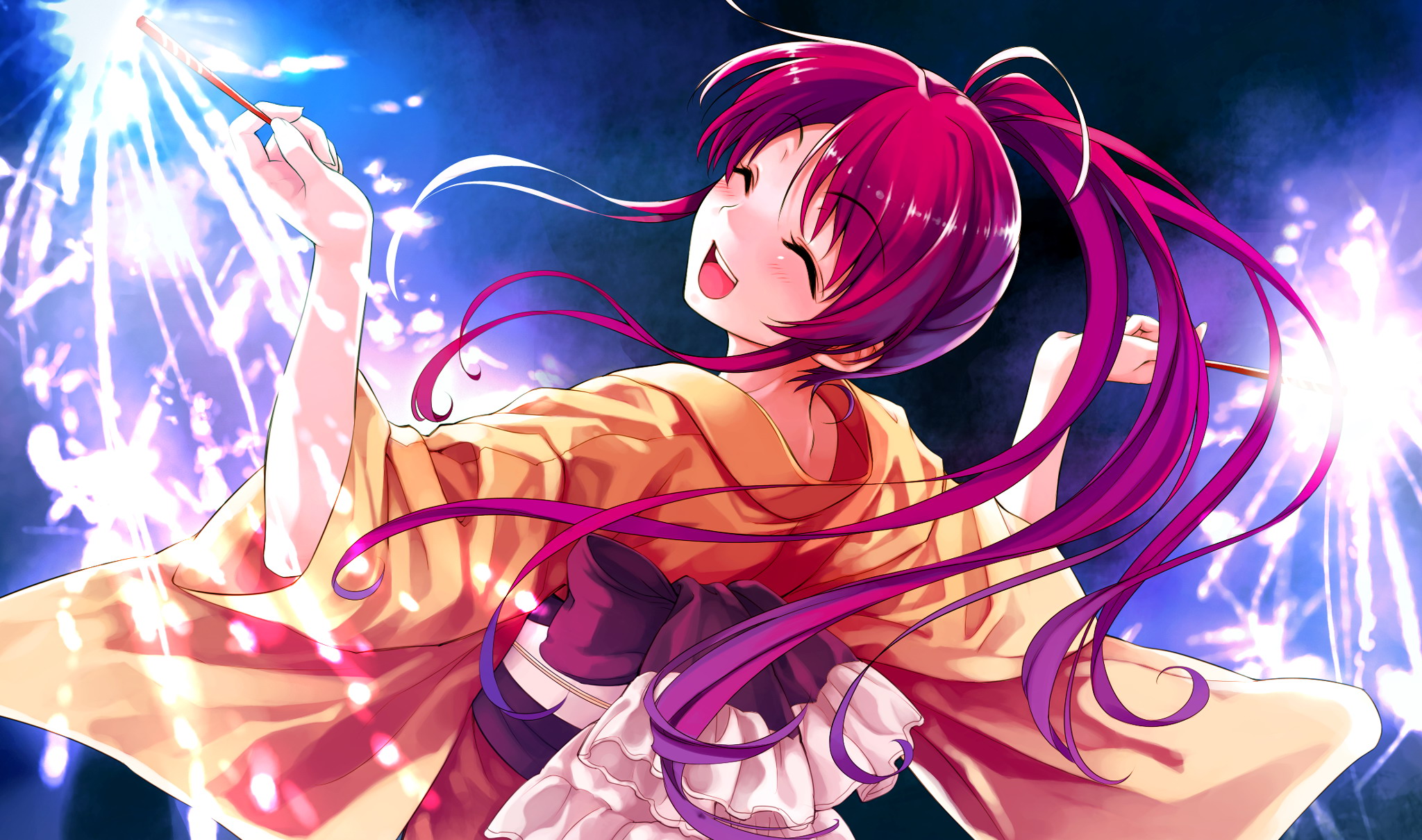 misaki kurehito, miyamae tomoka, abhar, suiheisen made nan mile?, game cg, highres, 1girl, closed eyes, female focus, fireworks, japanese clothes, kimono, long hair, night, open mouth, outstretched arms, red hair, smile, solo, sparkler, spread arms