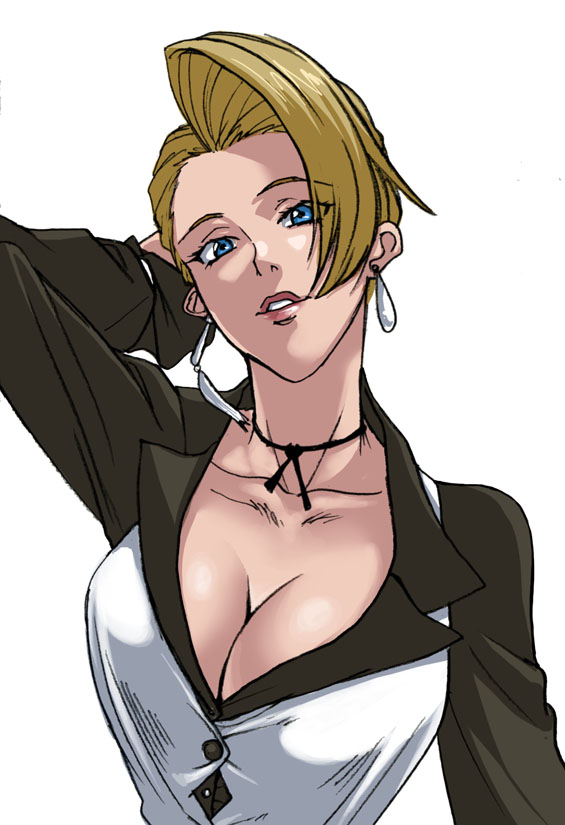 miduno youki, momiyarou, mature (kof), snk, the king of fighters, bad id, bad pixiv id, 1girl, blonde hair, blue eyes, breasts, cleavage, earrings, female focus, jewelry, large breasts, solo