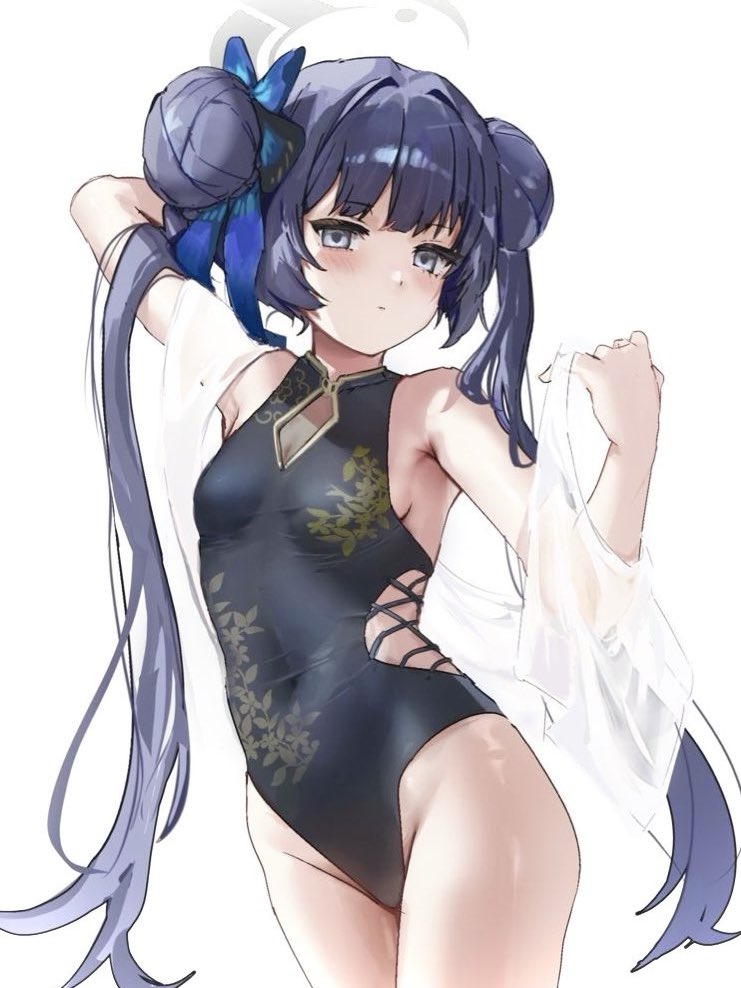 hinaumma, kisaki (blue archive), blue archive, 1girl, alternate costume, arm behind head, black hair, black one-piece swimsuit, blue eyes, blue hair, blush, breasts, butterfly hair ornament, cleavage cutout, clothing cutout, collared one-piece swimsuit, covered erect nipples, double bun, grey eyes, hair bun, hair ornament, halo, leaf print, long hair, long twintails, one-piece swimsuit, shawl, small breasts, solo, standing, swimsuit, twintails, white background, white shawl