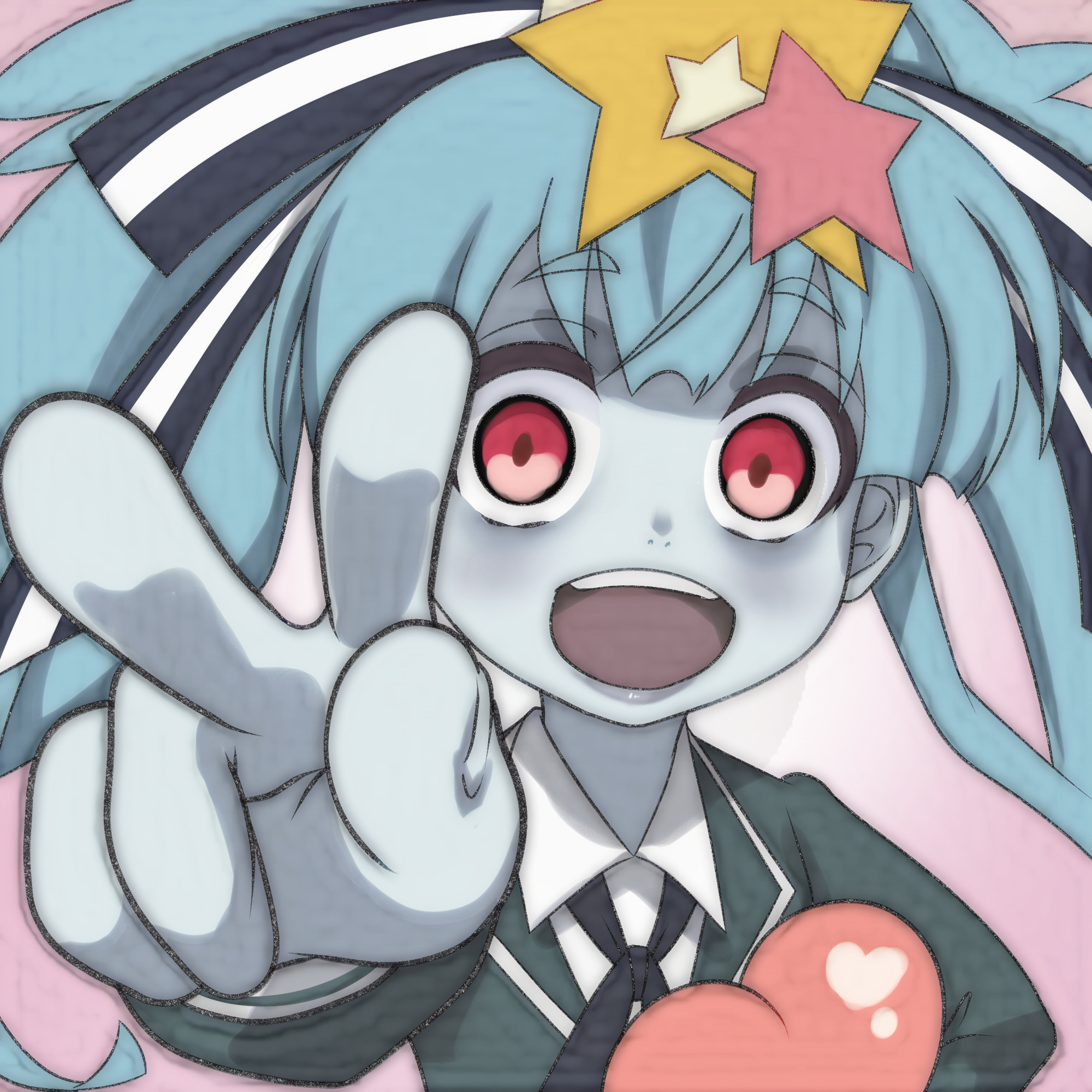 t jiroo (ringofriend), hoshikawa lily, zombie land saga, 1girl, black ribbon, blue hair, colored skin, green jacket, grey skin, hair ornament, hair ribbon, heart, jacket, long hair, long sleeves, looking at viewer, neck ribbon, open mouth, pink background, red eyes, ribbon, school uniform, shirt, smile, standing, star (symbol), star hair ornament, teeth, twintails, upper body, v, white shirt, zombie