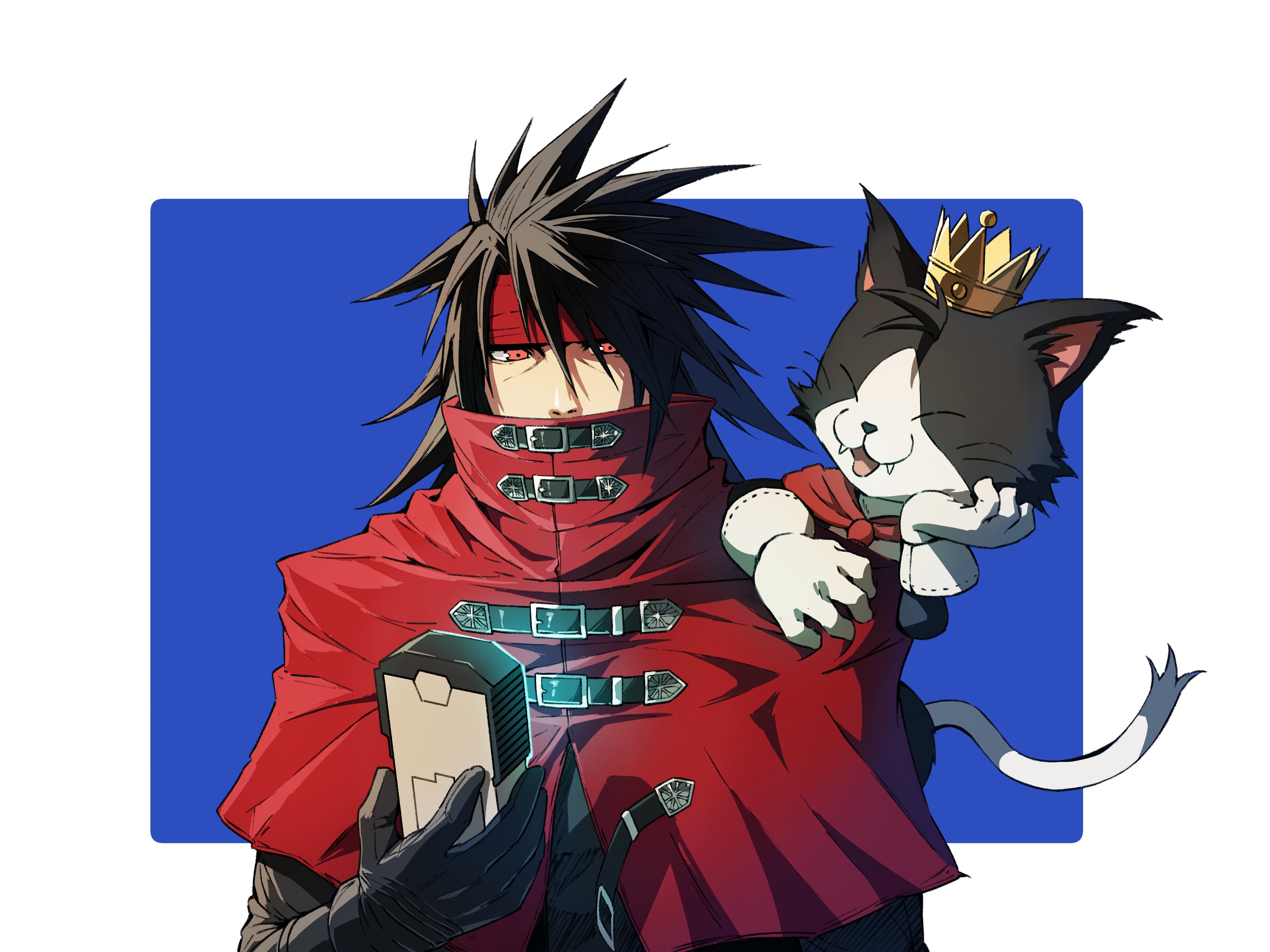 zupakyo, cait sith (final fantasy), vincent valentine, final fantasy, final fantasy vii, absurdres, highres, 1boy, belt buckle, black gloves, black hair, blue background, border, buckle, cat, cloak, covered mouth, crown, gloves, hair between eyes, headband, holding, long hair, male focus, mini crown, on shoulder, outside border, red cloak, red eyes, red headband, spiked hair, upper body, white border, white gloves