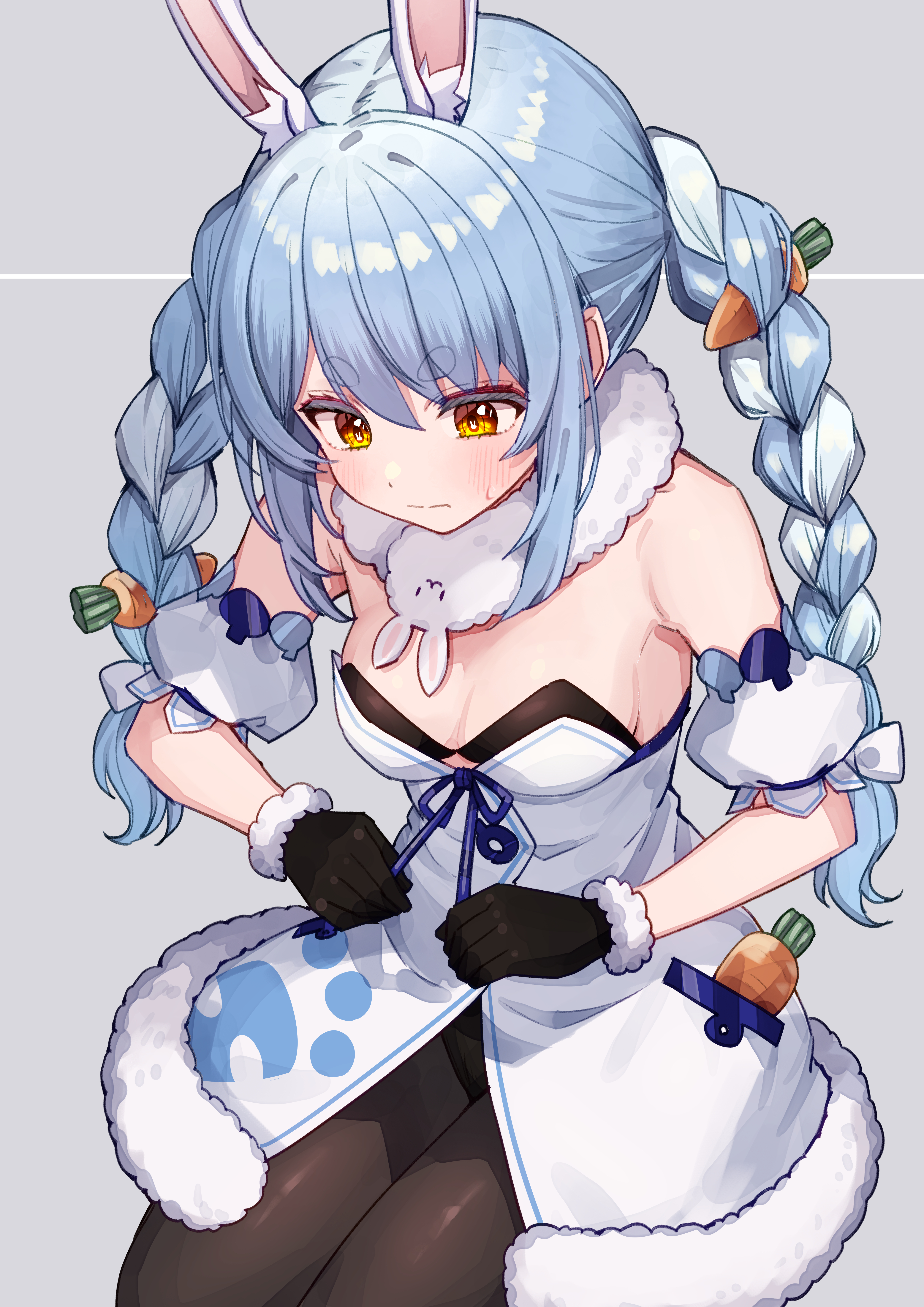 nanado shion, don-chan (usada pekora), usada pekora, usada pekora (1st costume), hololive, absurdres, highres, 1girl, animal ears, black gloves, black leotard, black pantyhose, blue hair, braid, breasts, carrot hair ornament, closed mouth, clothing cutout, coat, coat dress, detached sleeves, dress, extra ears, food-themed hair ornament, fur-trimmed coat, fur-trimmed gloves, fur scarf, fur trim, gloves, grey background, hair ornament, hikimayu, leotard, leotard under clothes, long hair, multicolored hair, orange eyes, pantyhose, puffy detached sleeves, puffy short sleeves, puffy sleeves, rabbit-shaped pupils, rabbit ears, rabbit girl, scarf, short eyebrows, short sleeves, sidelocks, simple background, small breasts, solo, strapless, strapless leotard, sweatdrop, symbol-shaped pupils, thick eyebrows, twin braids, two-tone hair, underboob cutout, virtual youtuber, white coat, white hair, white scarf, white sleeves