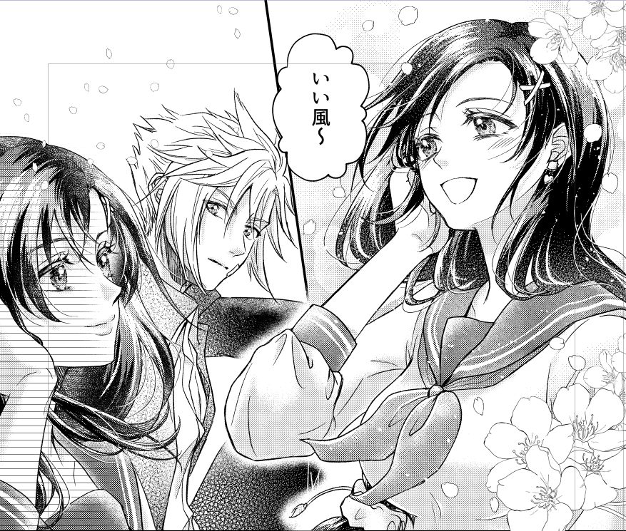 rain1217love, cloud strife, tifa lockhart, tifa lockhart (midgard seventh high school), final fantasy, final fantasy vii, final fantasy vii ever crisis, commentary request, translated, 1boy, 1girl, adjusting hair, bandaid, bandaid on cheek, bandaid on face, black hair, blush, breasts, cherry blossoms, closed mouth, cloud strife (midgard seventh high school), collared shirt, earrings, falling petals, from side, gakuran, greyscale, hair ornament, hair scrunchie, hairclip, hand in own hair, jacket, jewelry, large breasts, long hair, looking at another, looking up, low-tied long hair, monochrome, neckerchief, official alternate costume, open clothes, open jacket, open mouth, petals, sailor collar, school uniform, scrunchie, serafuku, shirt, short hair, smile, spiked hair, upper body