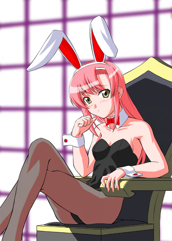 minazuki honoo, katsura hinagiku, hayate no gotoku!, bad id, bad pixiv id, 00s, 1girl, animal ears, chair, crossed legs, fake animal ears, female focus, long hair, long legs, pantyhose, pink hair, playboy bunny, rabbit ears, sitting, solo, yellow eyes