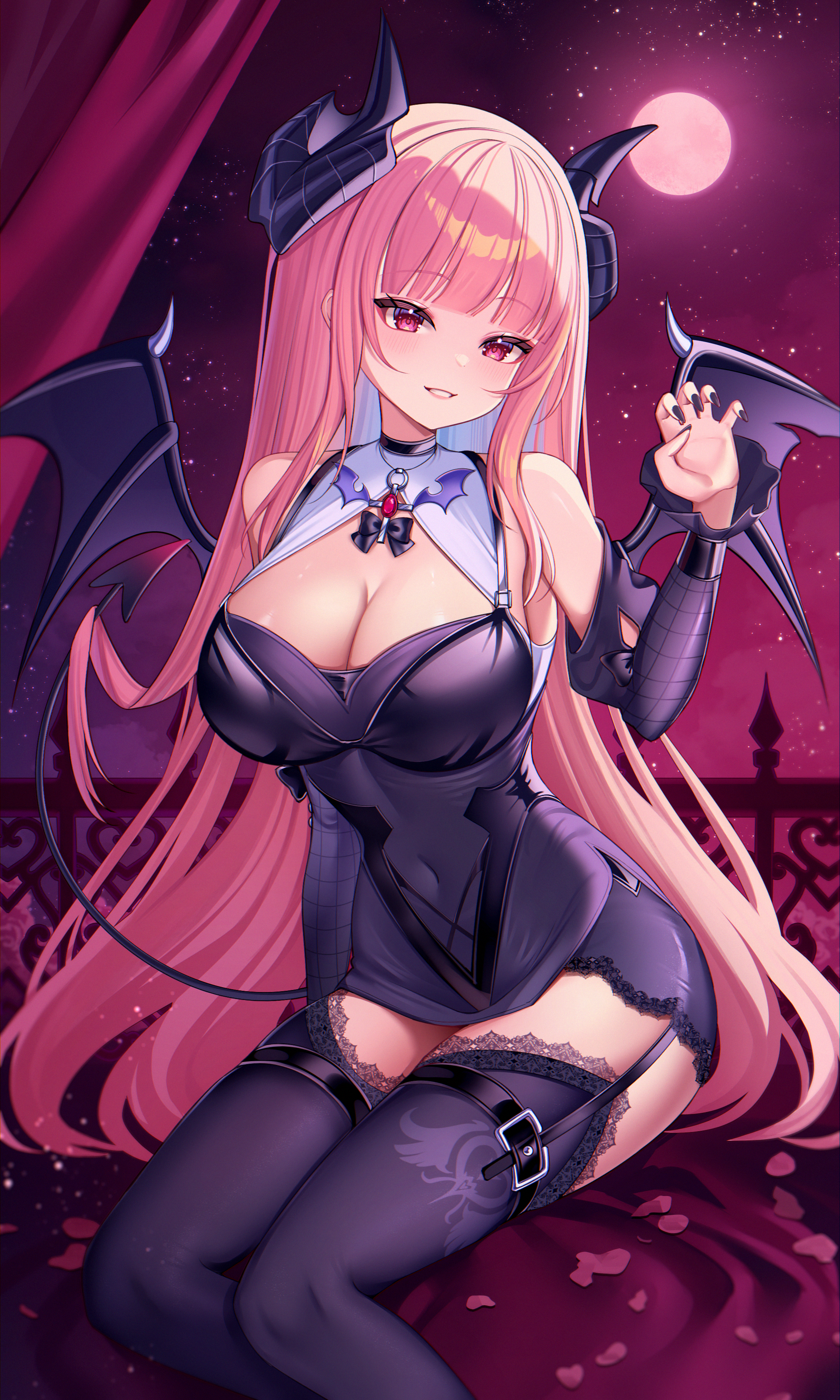 demcheg, mori calliope, hololive, hololive english, absurdres, commentary, highres, 1girl, black dress, black sleeves, black thighhighs, blunt bangs, breasts, claw pose, cleavage, covered navel, demon girl, demon horns, demon tail, demon wings, detached sleeves, dress, full moon, garter straps, grin, halter dress, halterneck, hand up, horns, lace, lace-trimmed dress, lace-trimmed thighhighs, lace trim, large breasts, long hair, looking at viewer, moon, night, pink eyes, pink hair, short dress, sidelocks, sitting, smile, solo, straight hair, tail, thighhighs, very long hair, virtual youtuber, wings