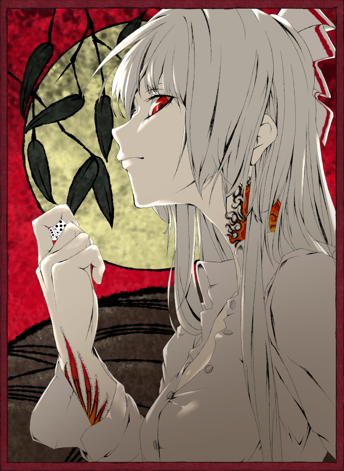 nama (namaiki), fujiwara no mokou, touhou, silver hair, 1girl, dice, female focus, fire, long hair, moon, plant, red eyes, solo, tattoo, upper body