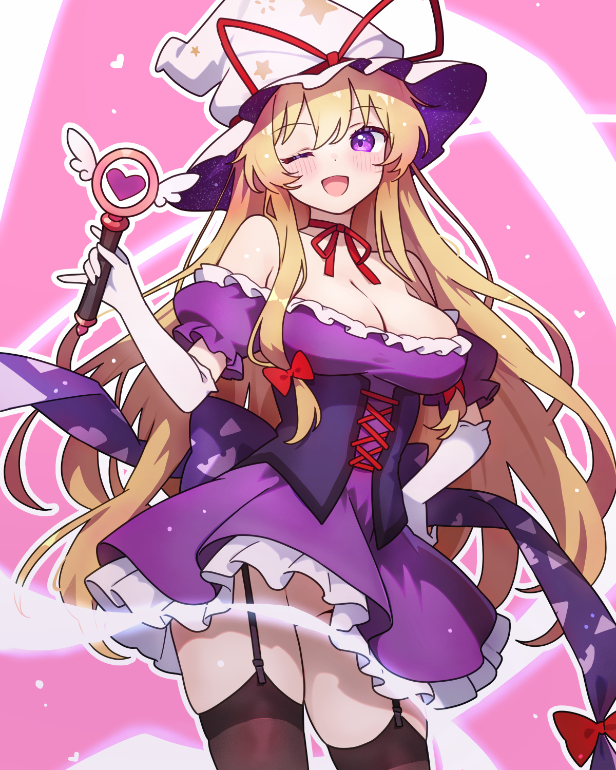 chikuzen1996, yakumo yukari, touhou, commentary request, highres, 1girl, ;d, black garter straps, blonde hair, blush, breasts, brown thighhighs, censored, cleavage, corset, dress, garter straps, gloves, groin, hat, holding, holding wand, large breasts, long hair, neck ribbon, no panties, off-shoulder dress, off shoulder, one eye closed, open mouth, purple corset, purple dress, purple eyes, red ribbon, ribbon, smile, solo, straight hair, thighhighs, very long hair, wand, white gloves, white hat, witch hat
