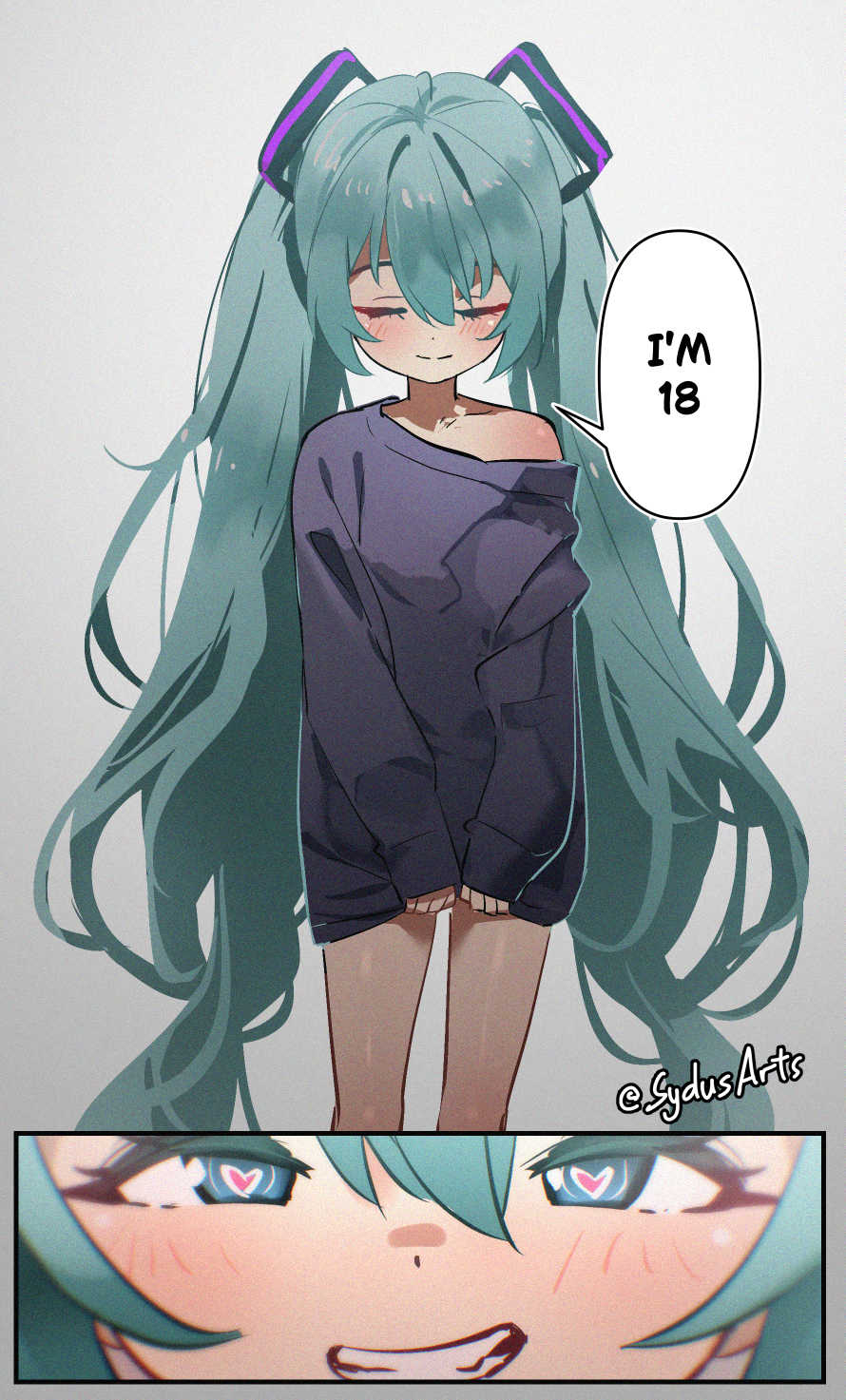 sydus, hatsune miku, vocaloid, commentary, english commentary, highres, 1girl, aged down, aqua eyes, aqua hair, artist name, black sweater, closed eyes, cowboy shot, english text, grin, heart, heart-shaped pupils, long hair, mesugaki, naughty face, off-shoulder sweater, off shoulder, oversized clothes, sleeves past wrists, smile, solo, speech bubble, standing, sweater, symbol-shaped pupils, thighs, twintails, twitter username, very long hair
