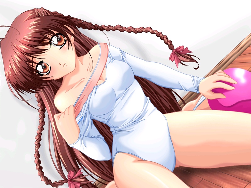 karen (sister princess), sister princess, non-web source, 00s, ball, bare shoulders, braid, brown hair, cleavage cutout, clothing cutout, gymnastics, leotard, long hair, solo, twin braids