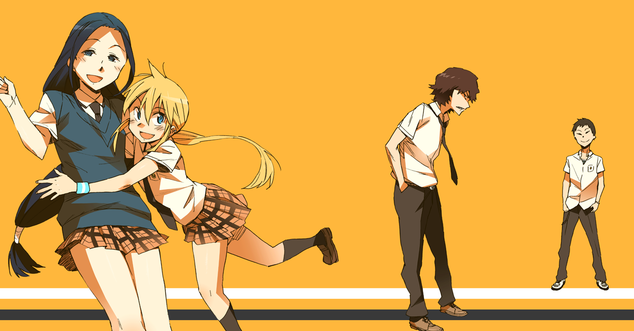 katou haruaki, kageyama kitsune, kageyama torako, muromachi kirin, nara takaya, takaya nara, hyakko, official art, 00s, 2boys, 2girls, brother and sister, multiple boys, multiple girls, necktie, school uniform, siblings, skirt