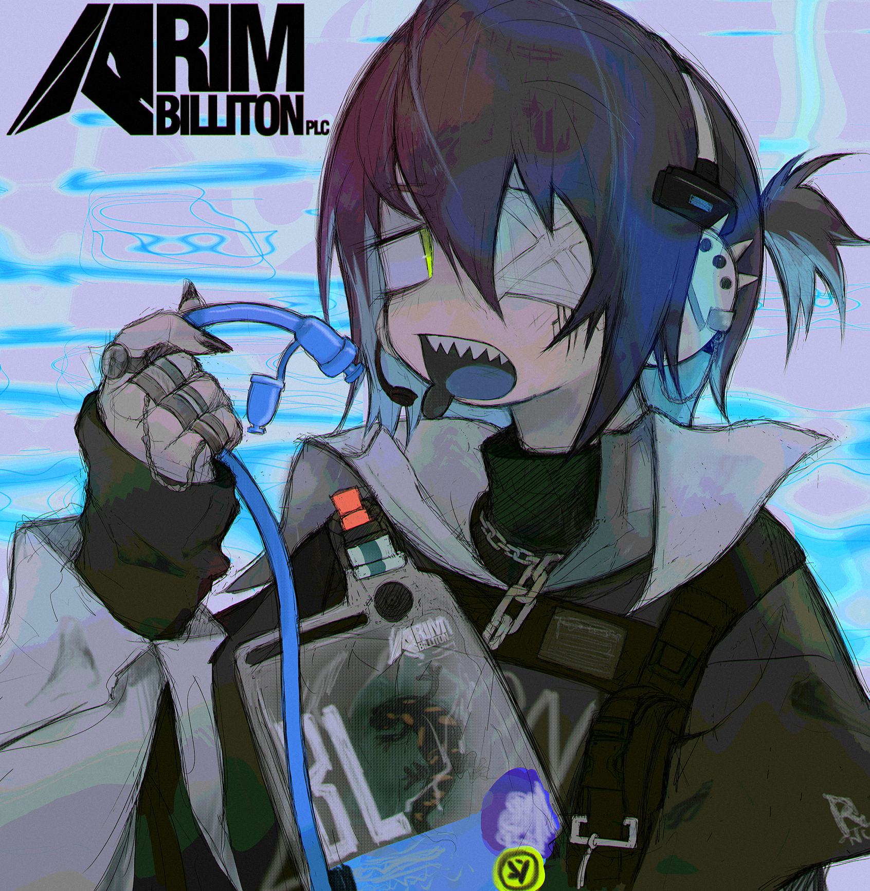 pyoko (sandwicha), asbestos (arknights), arknights, commentary, highres, 1girl, blue tongue, chain, colored tongue, ear piercing, jewelry, multiple rings, open mouth, piercing, ring, sharp teeth, short hair, solo, teeth