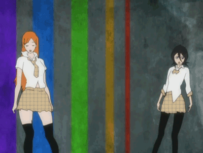 inoue orihime, kuchiki rukia, bleach, black legwear, animated, animated gif, anime screenshot, lowres, non-web source, 00s, 2girls, ass, black hair, bow, bowtie, choreography, dancing, hip focus, long hair, miniskirt, multiple girls, necktie, orange hair, pantyhose, school uniform, short hair, skirt, socks, thighhighs, unmoving pattern, wide hips, zettai ryouiki