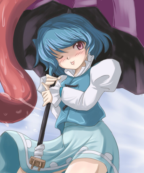 flx, tatara kogasa, touhou, 1girl, aqua hair, aqua vest, female focus, geta, karakasa obake, one eye closed, skirt, solo, tongue, umbrella, vest, wink